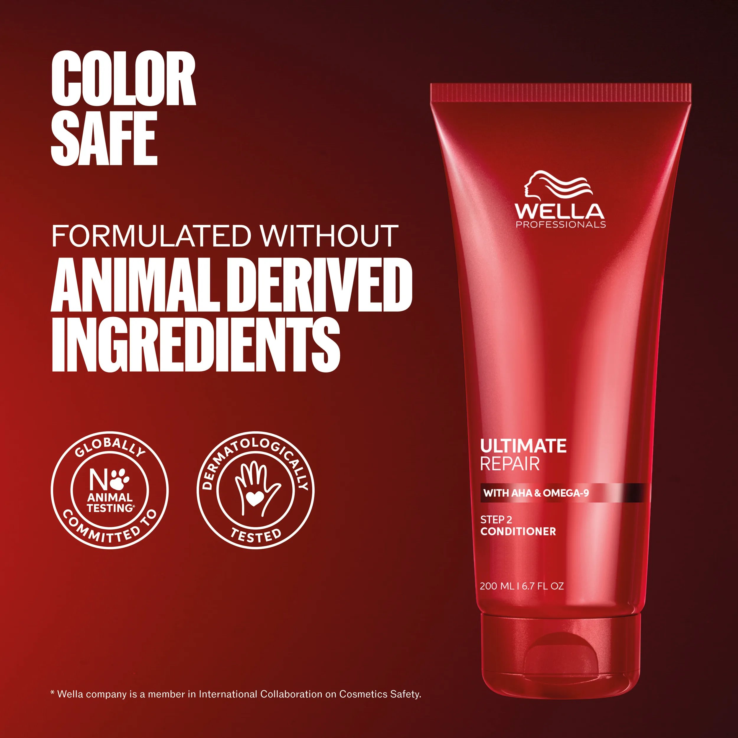 Packshot of Ultimate Repair Conditioner. Text reads color safe, formulated without animal derived ingredients.