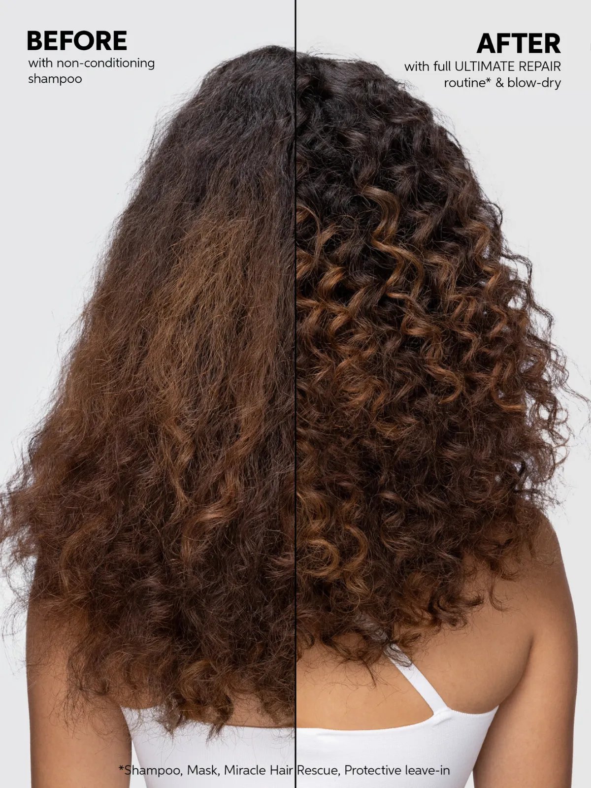 Before and after showing model’s curly, brown hair appearing more defined after using ULTIMATE REPAIR.