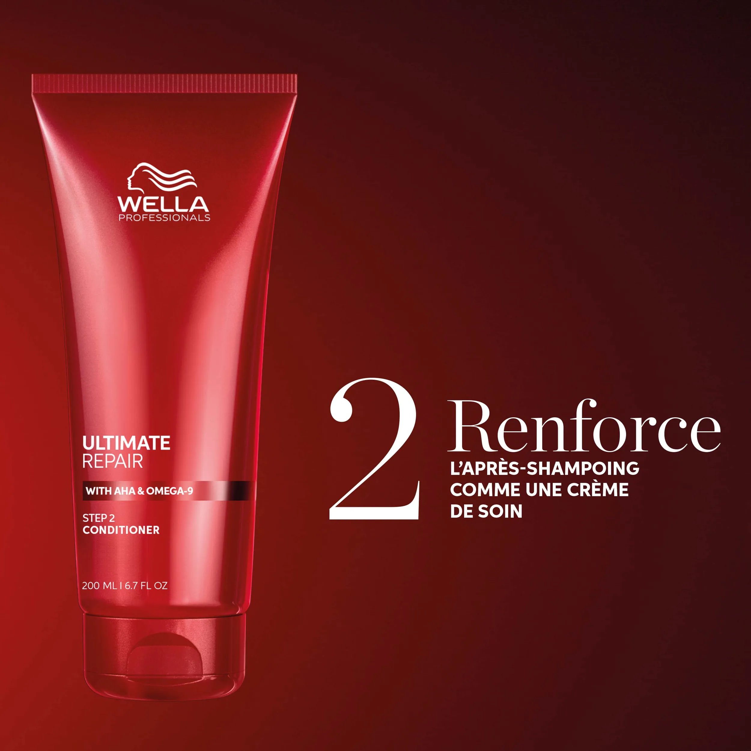 Packshot de l'après-shampoing Ultimate Repair. Le texte indique qu'il s'agit d'un produit sans danger pour les couleurs, formulé sans ingrédients d'origine animale.