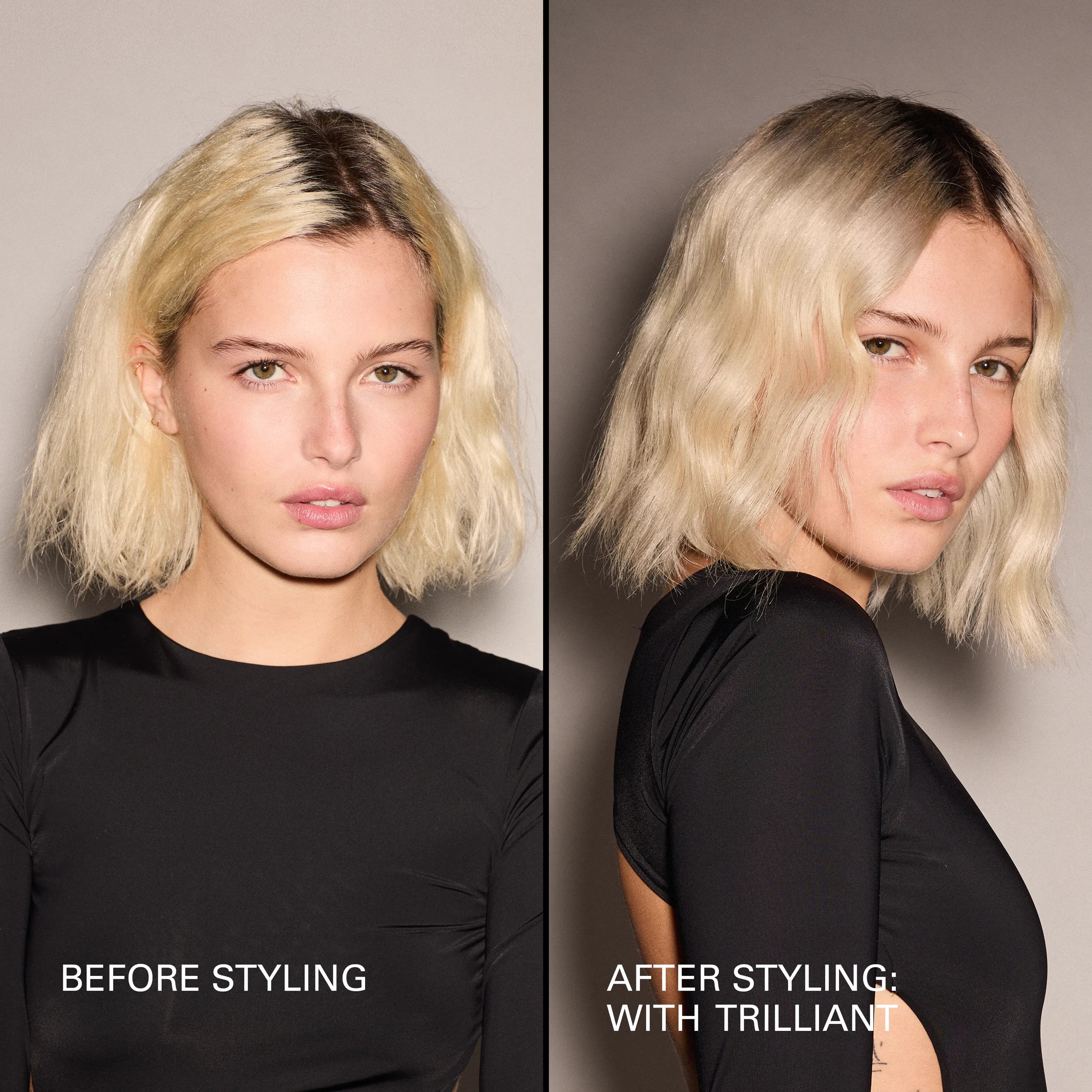 Image avant et après du modèle aux cheveux blonds courts. À gauche, les cheveux du mannequin ne sont pas coiffés et à droite, les cheveux du mannequin sont coiffés et ondulés. 