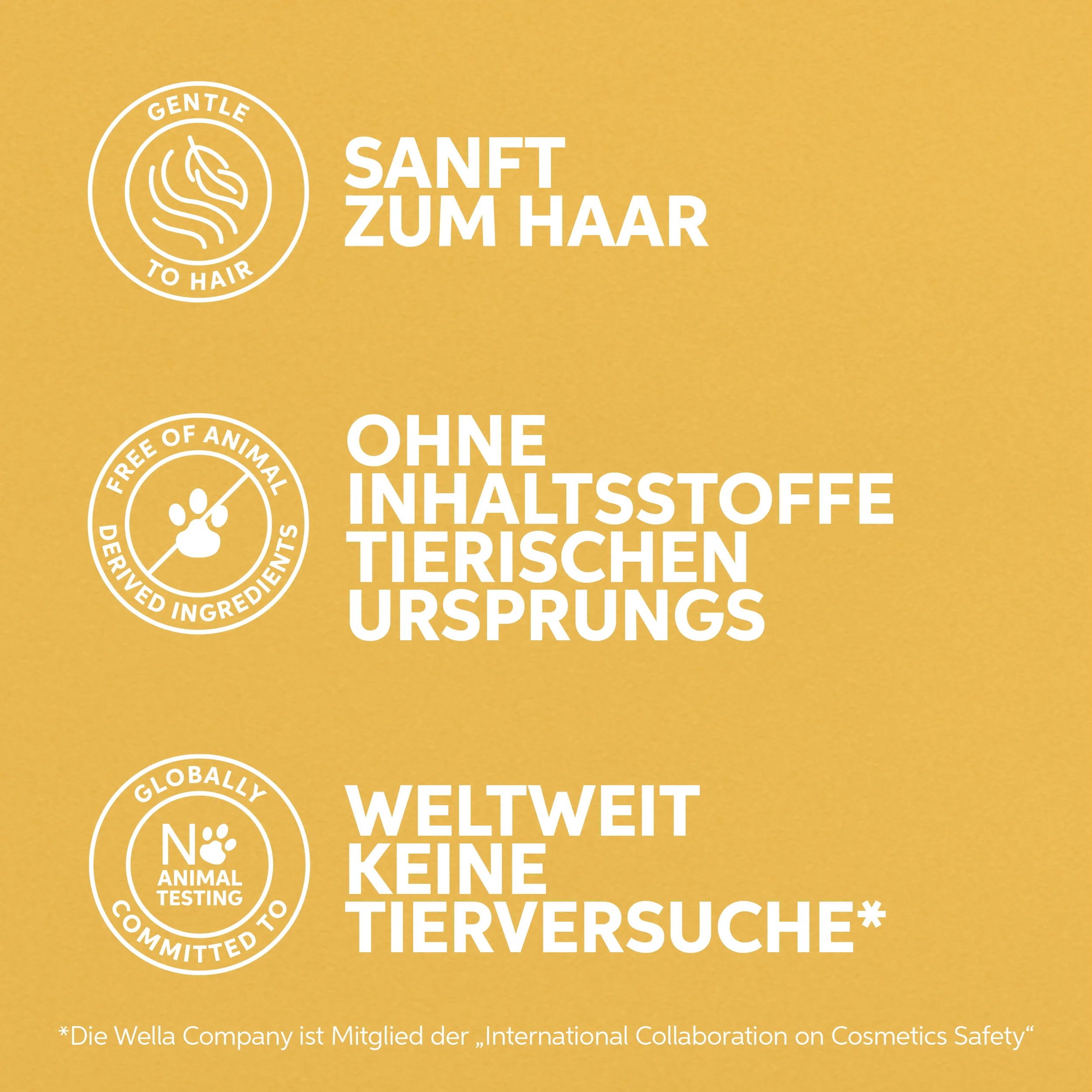 Image detailing benifits, Gentle to hair, formulated without animal derivative ingredients, globally comitted to no animal testing. 