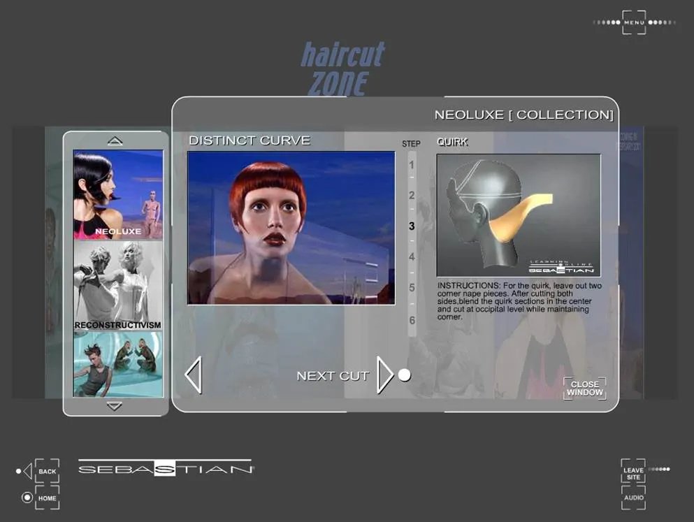 Screenshot from Sebastian’s interactive “haircut ZONE” program showing the “Distinct Curve” style from the NEOLUXE collection. A central video shows a model with a short, red haircut.