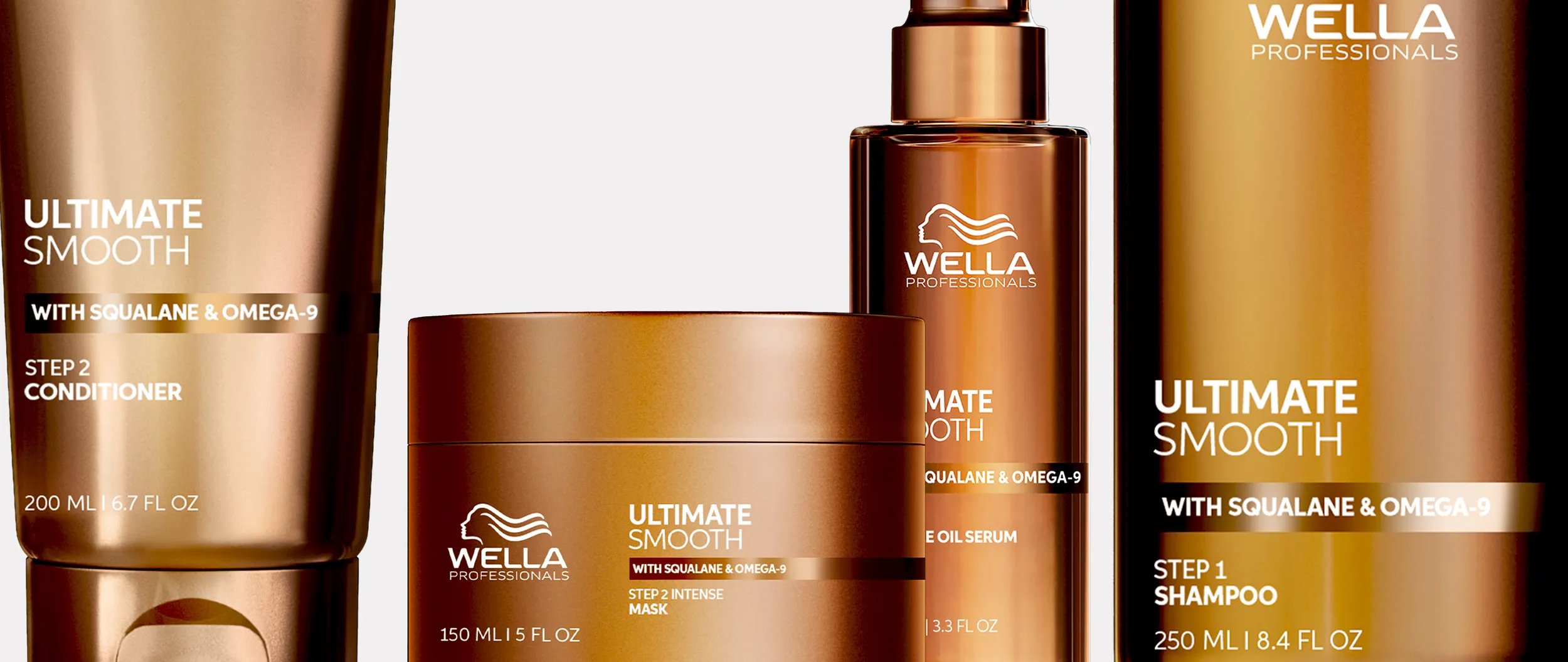 Wella Ultimate Smooth shampoo, conditioner, oil serum, and mask product shot.