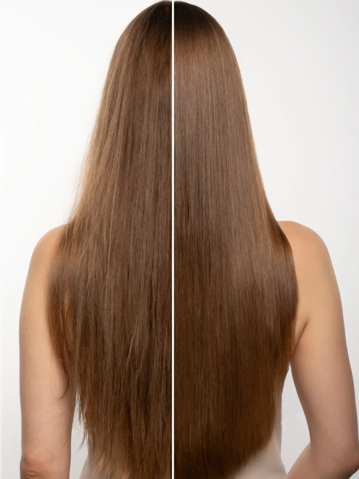 Model’s long, brown hair appearing silky and glossy after a Glass Liquid Layer application.