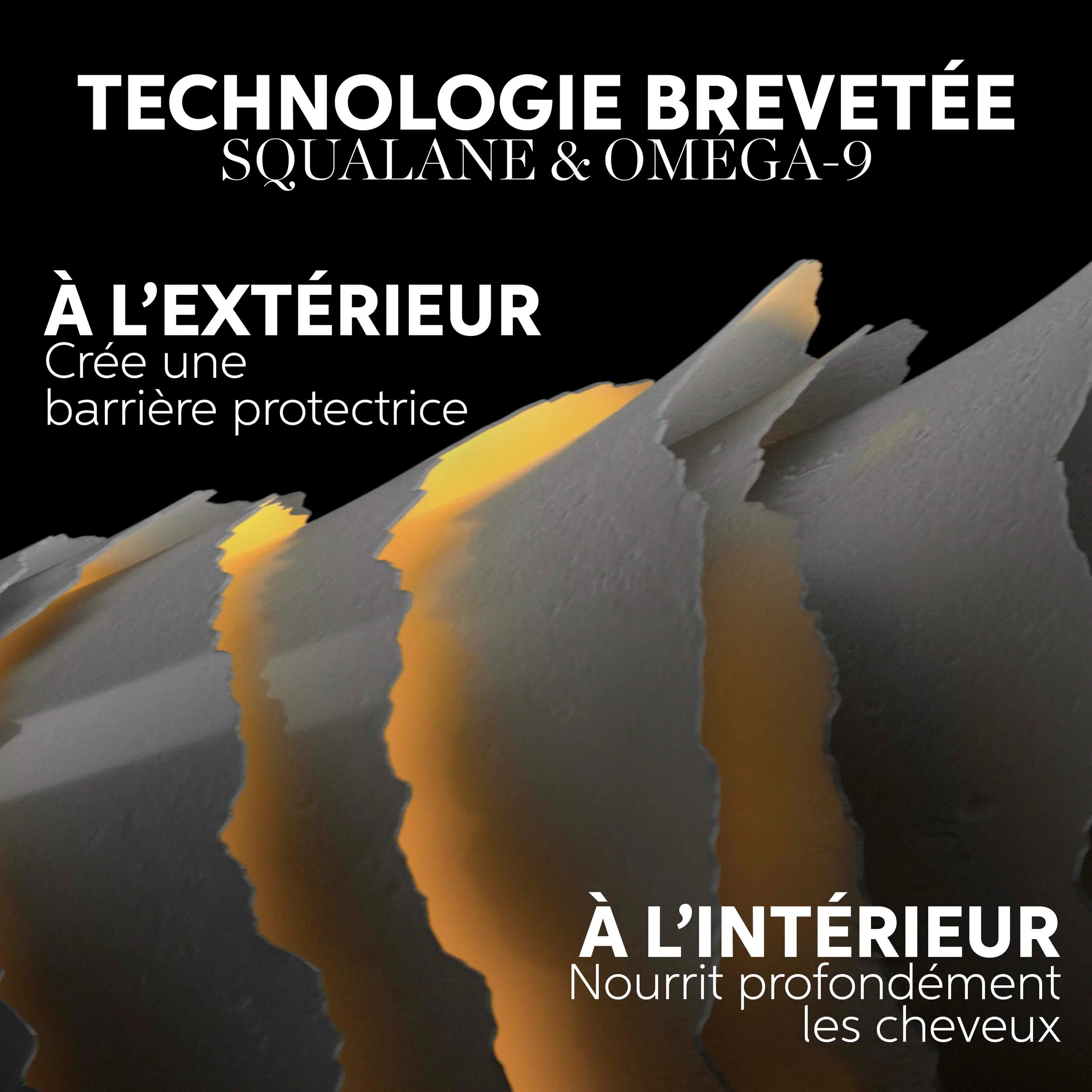 Image expliquant le fonctionnement de la technologie Ultimate Smooth. Le texte dit que l'extérieur crée une barrière protectrice et que l'intérieur nourrit les cheveux en profondeur.
