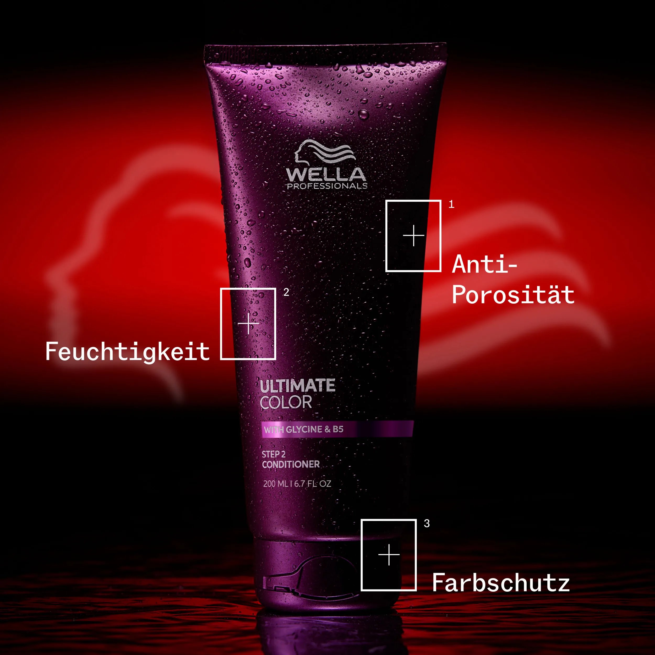Produktbild vom Ultimate Color Conditioner vor rotem Hintergrund. Darauf stehen folgende Punkte: Anti-Porosität, Feuchtigkeit und Farbschutz.