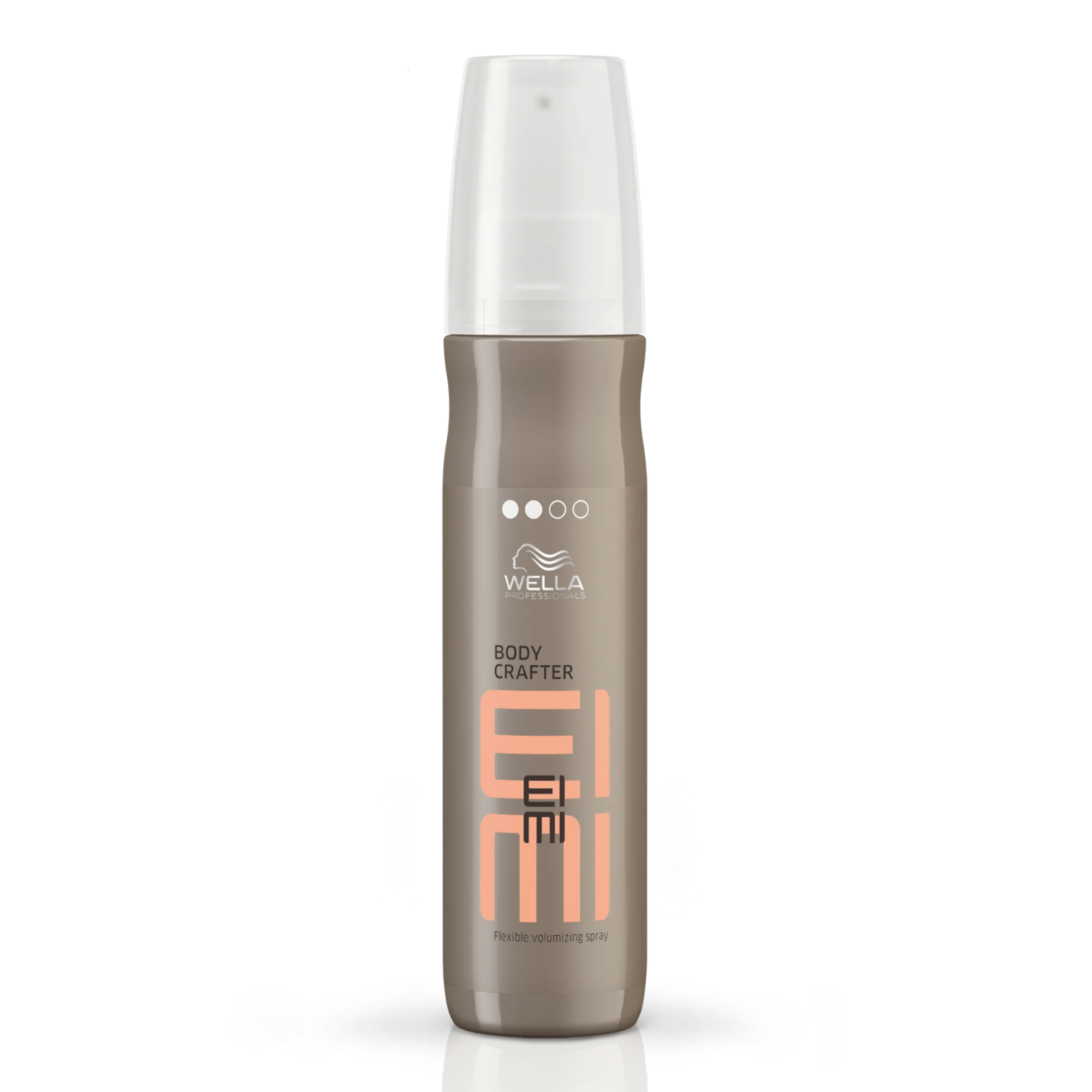 Wella EIMI body crafter volume spray packshot - a pewter bottle with a white lid and pink EIMI logo.