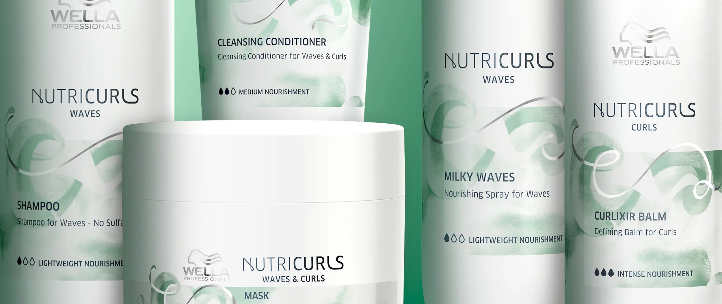Wella NutriCurls shampoo, conditioner, mask, spray, and balm product shot.