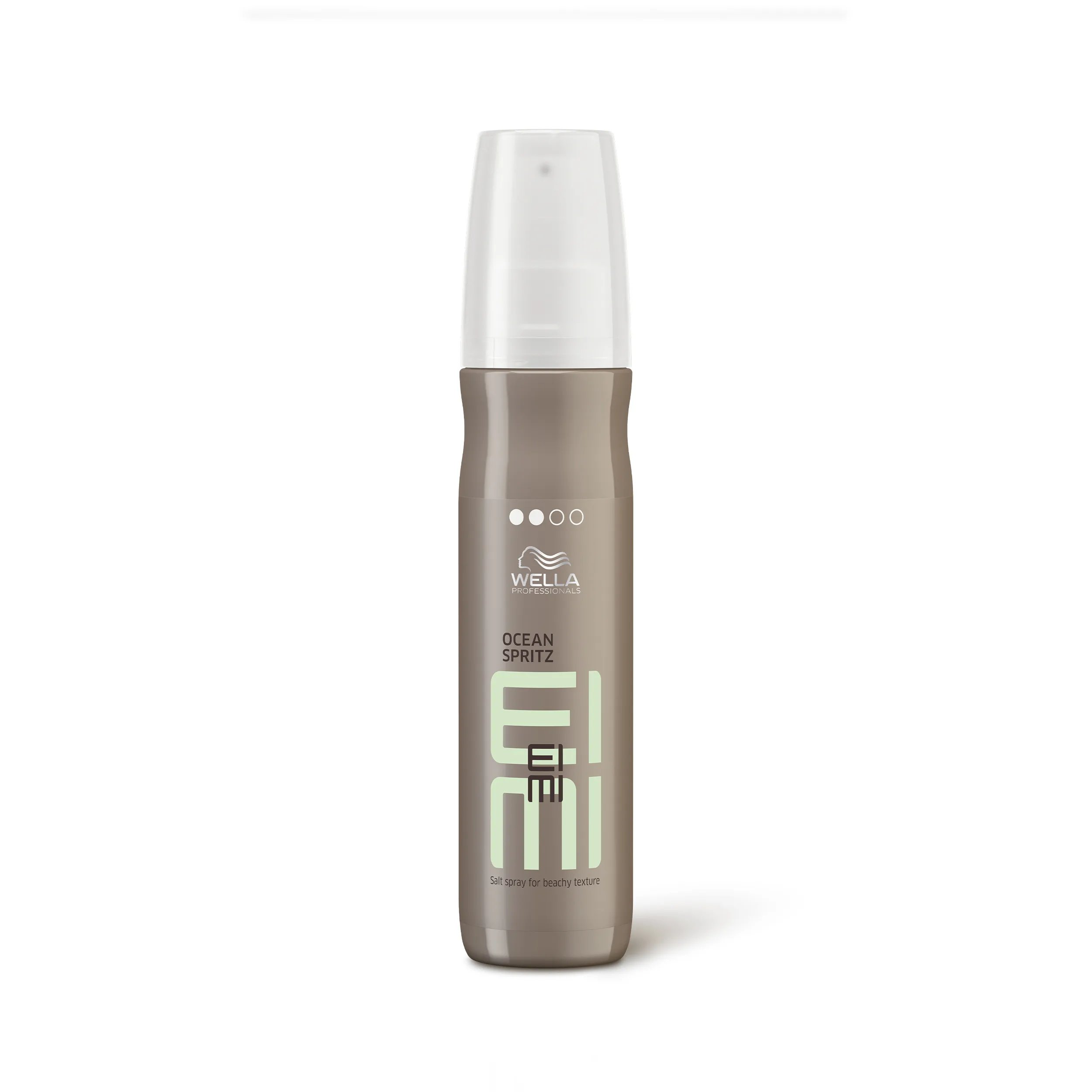 Wella EIMI Ocean Spritz texture spray packshot - a pewter bottle with a white lid and mint green EIMI logo.