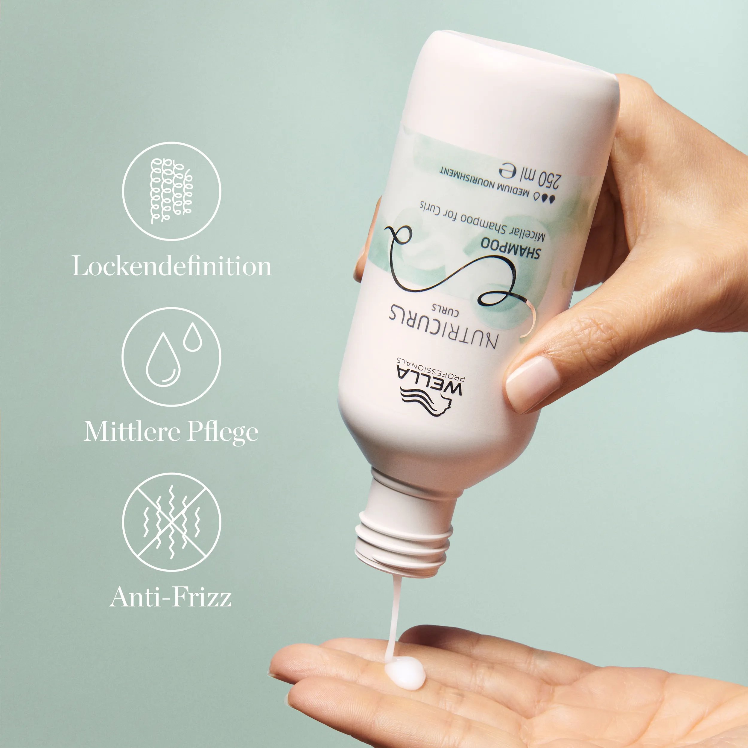 Wella NutriCurls Shampoo with Curl Definition, Medium Nourishment, and Anti-frizz icons.