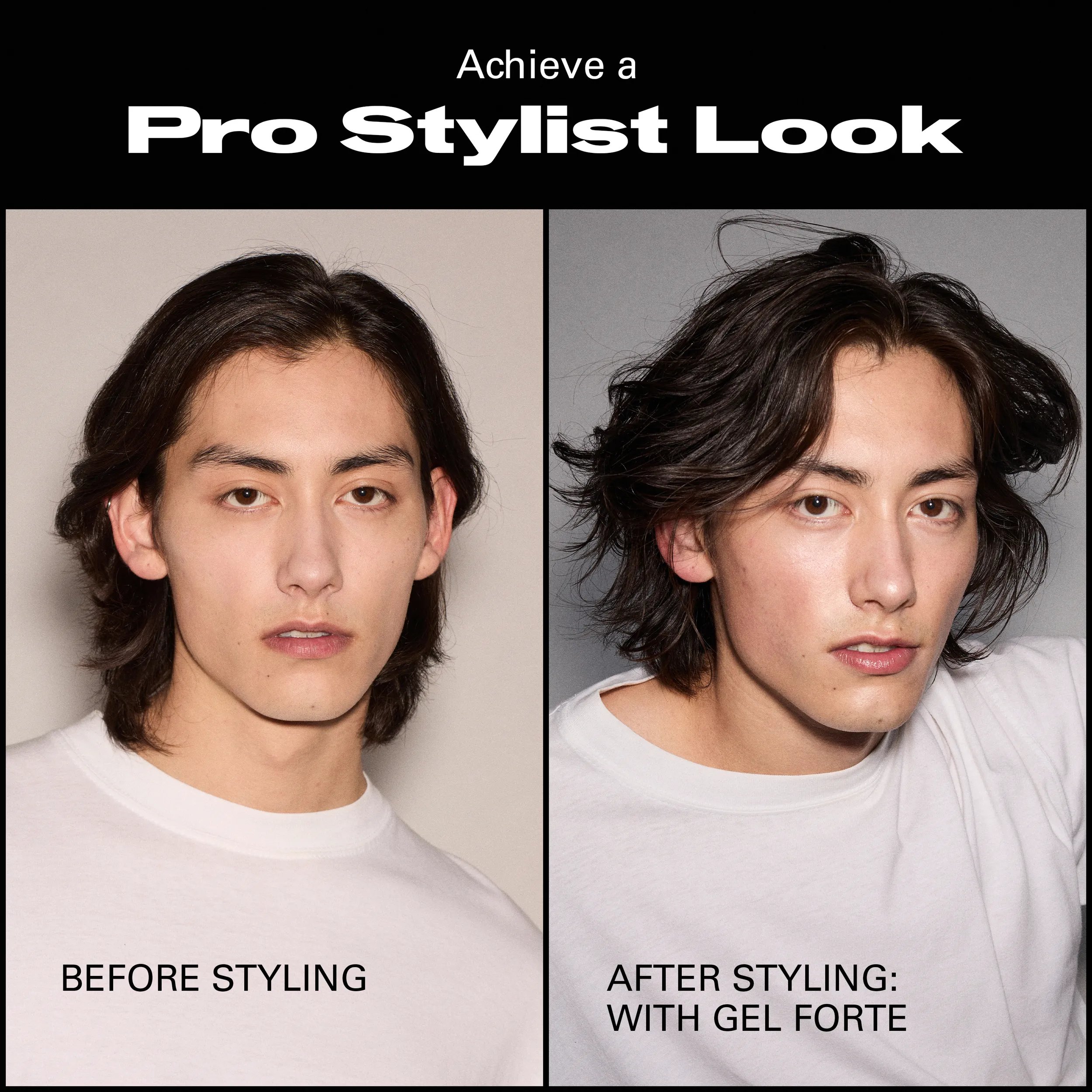 Before and after image of model with wavy, shoulder-length brunette hair. On the right, model's hair is unstyled and on the left their hair is styled with more texture. 
