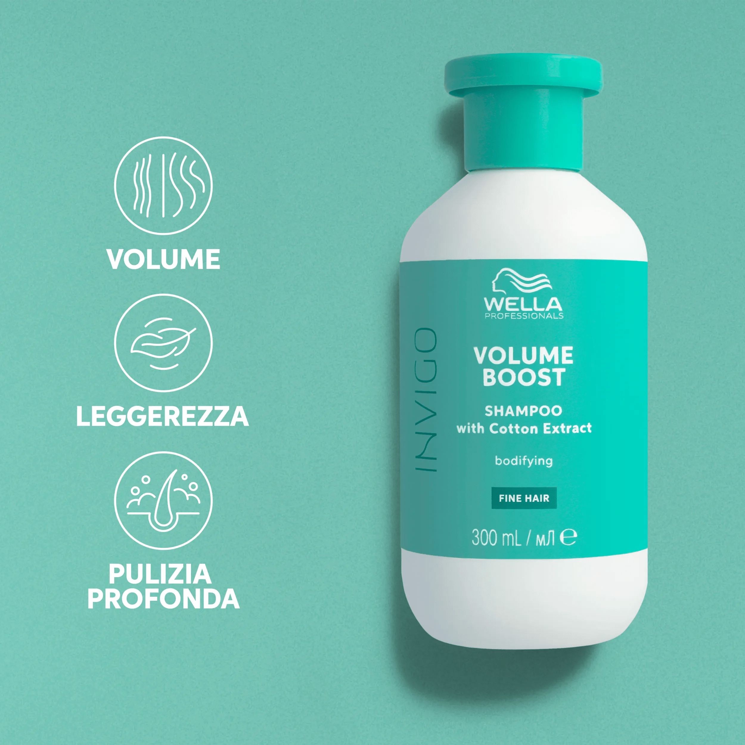 Immagine di un flacone turchese di Wella Professionals Invigo Volume Boost Bodifying Shampoo, che evidenzia i suoi benefici di volume, leggerezza e detersione profonda. 
