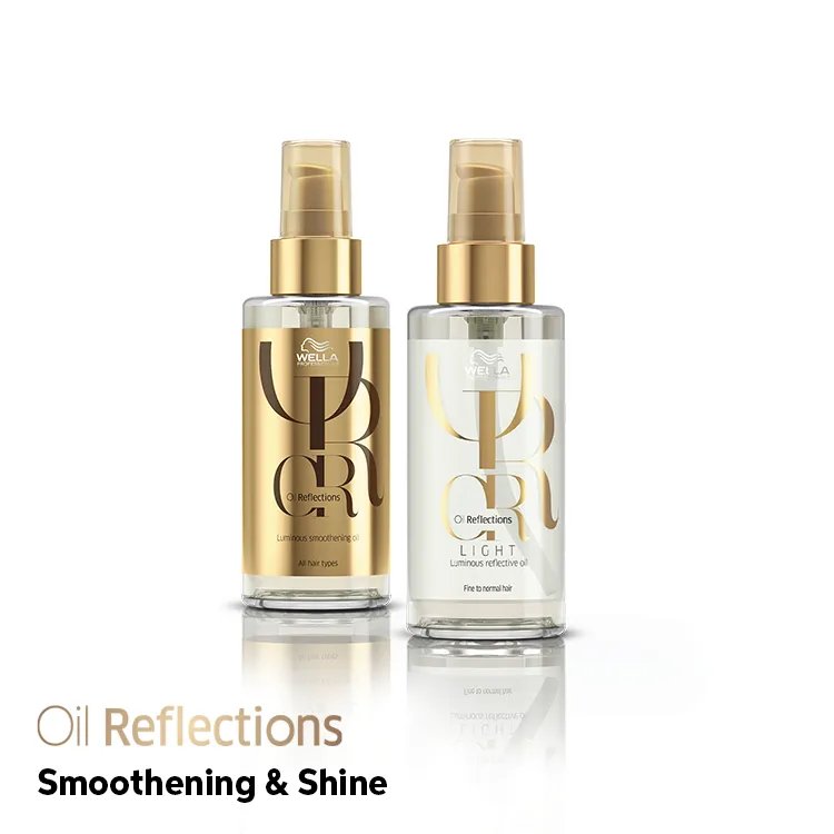Imagen de los envases de Wella Professionals Luminous Smoothing Oil y Light Luminous Reflective Oil. El texto dice: elige el aceite perfecto para ayudar a conseguir suavidad y brillo.