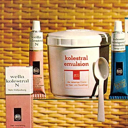 Pack shot Wella's German 1940's German products. Products include Kolestral Emulsion. 