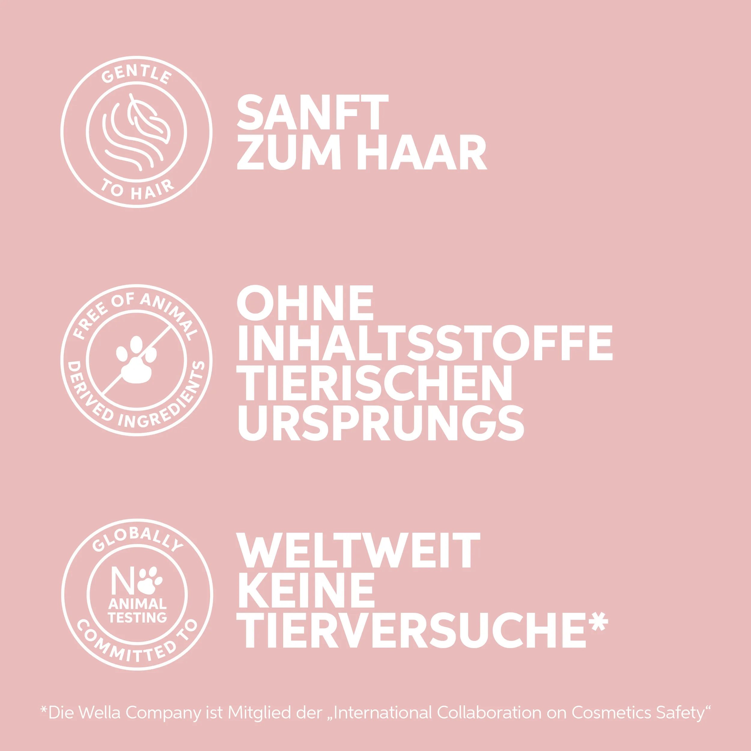  Text  describing formulation details; gentle to hair, formulated without animal derived inredients, globally comitted to no animal testing.