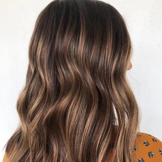 Back of model's head with wavy hair featuring bronde highlights.