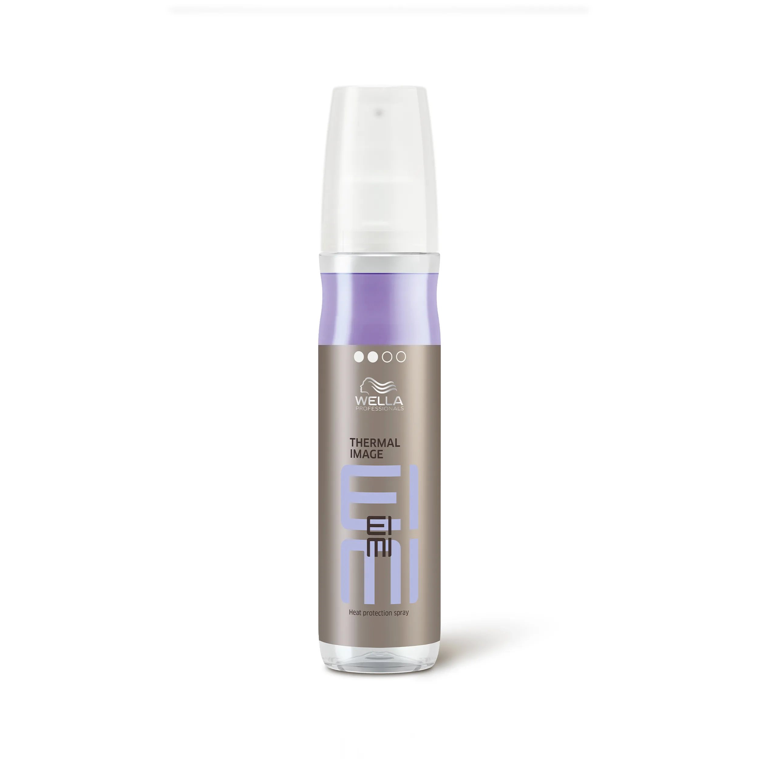 Wella EIMI Thermal Image heat protection spray packshot - a silver and purple bottle with a white lid and blue EIMI logo.