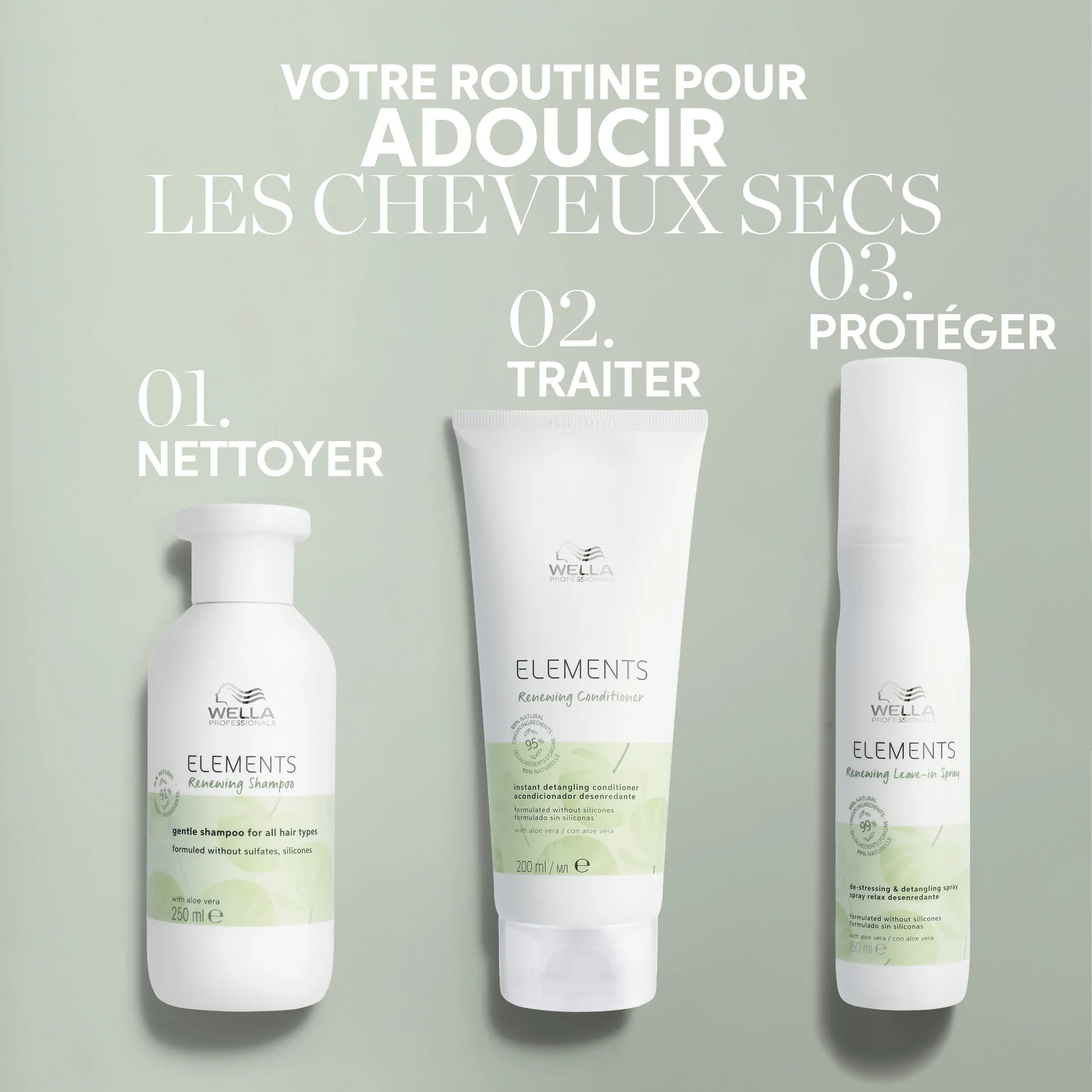 Packshot de la routine comprenant shampooing, après-shampooing et spray sans rinçage. Texte disant « votre routine pour adoucir les cheveux secs ».