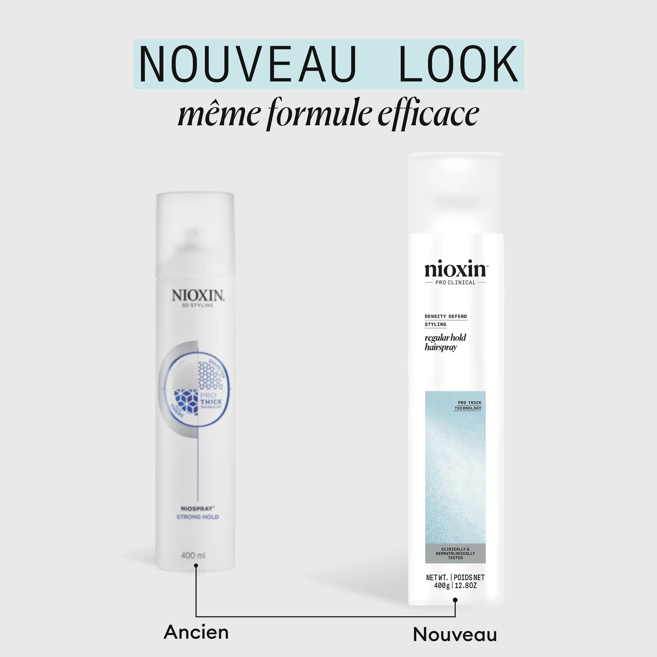 Nioxin Strong Hold Hairspray old and new bottle against white background