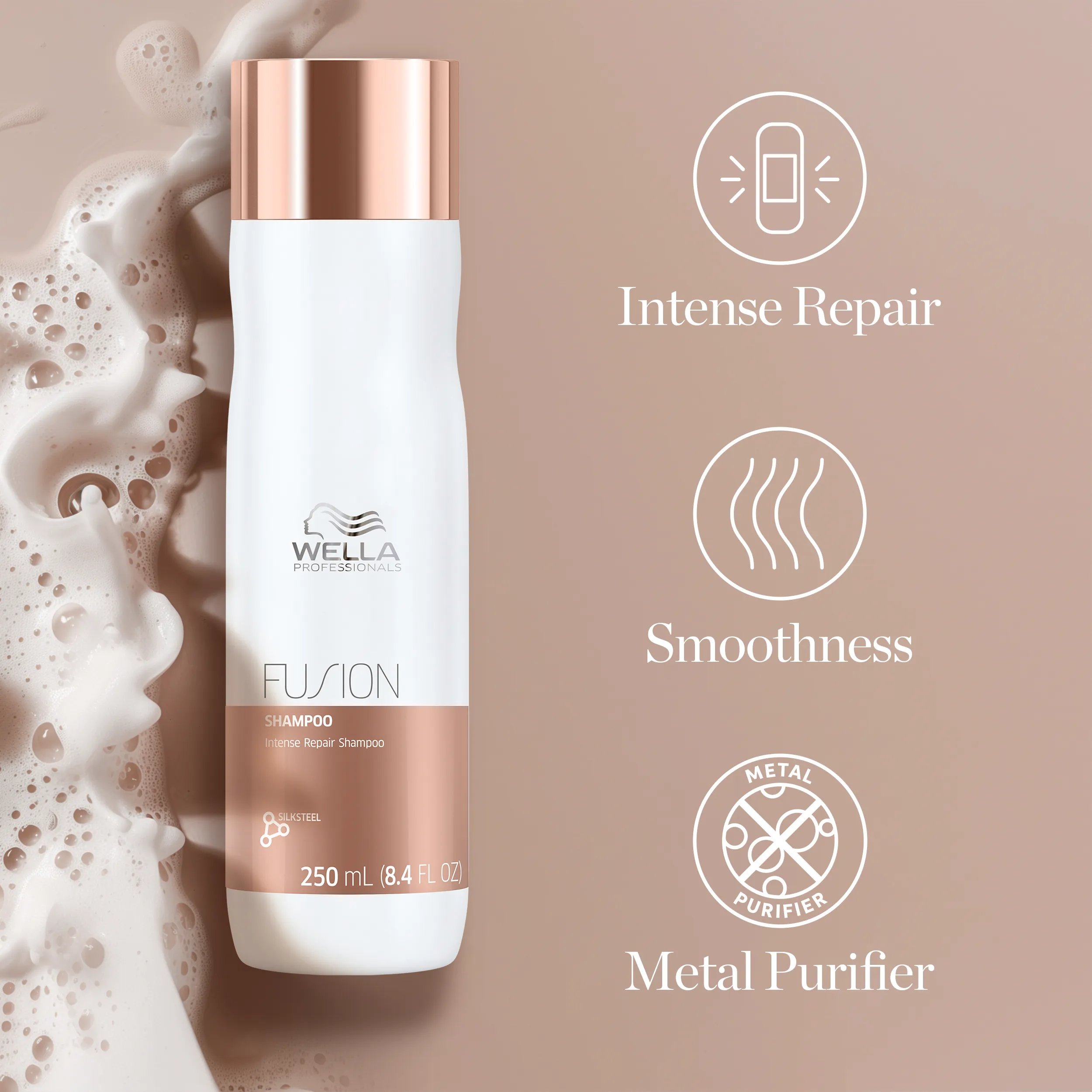 Packshot of Fusion Intense Repair Shampoo beside text saying 'intense repair, smoothness, and metal purifier'.