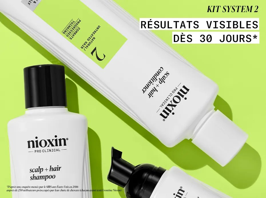 Nioxin System 2 Kit products laid on lime green background