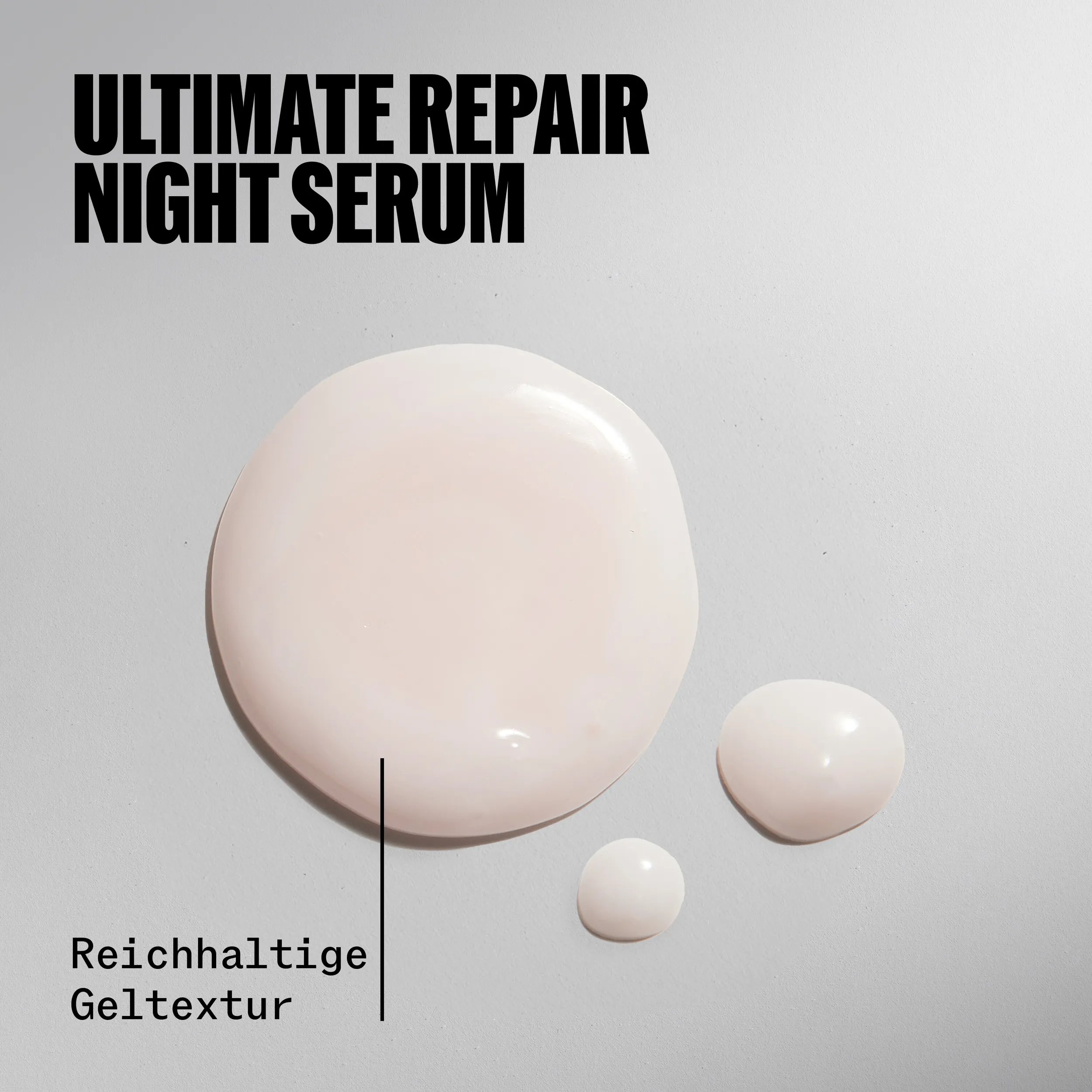 3 drops of Ultimate Repair Night Serum. Text reads Rich gel texture.