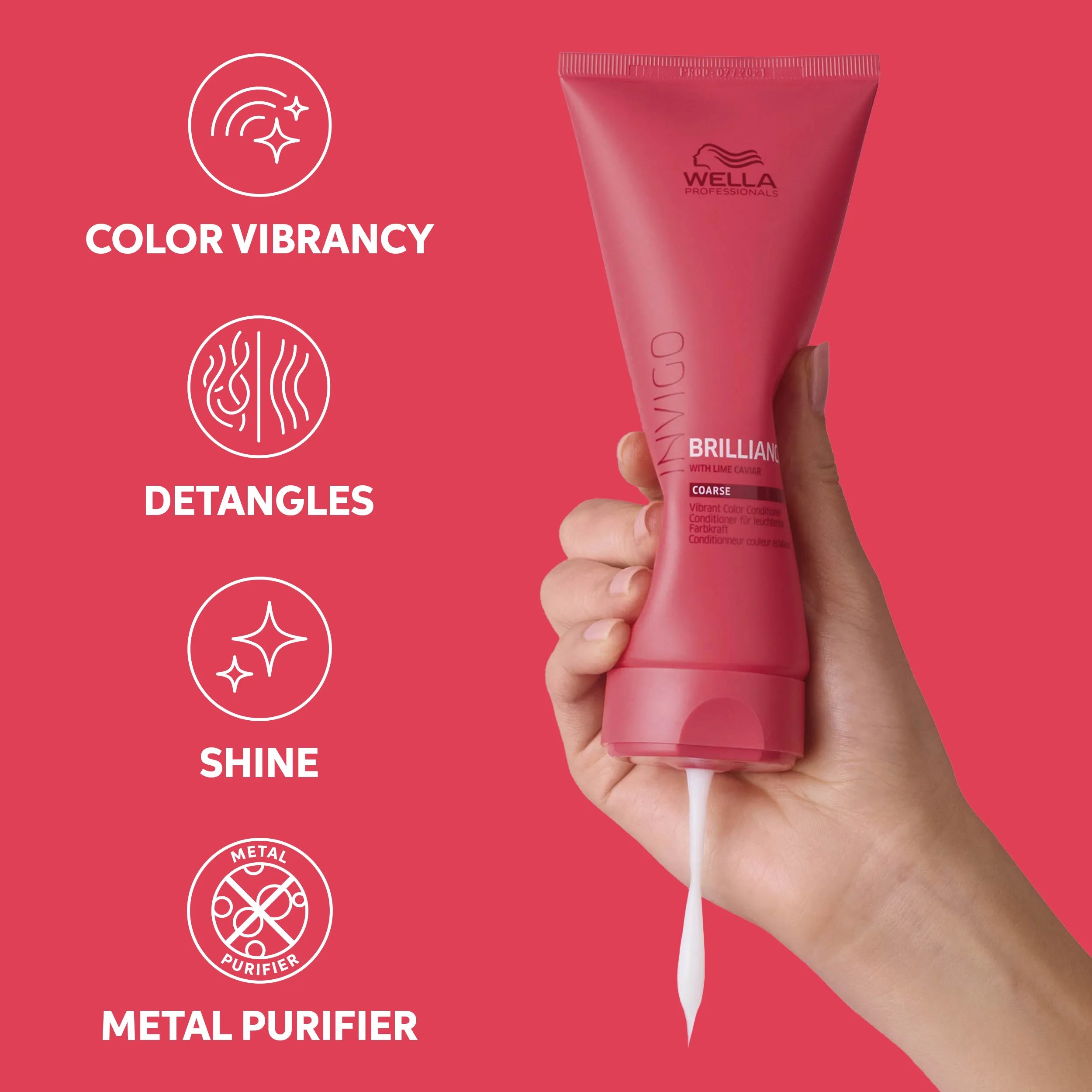 Photograph of a woman's arm holding a tube of Invigo Brilliance Coarse Hair Conditioner, beside text which says 'color vibrancy, detangles, shine & metal purifier'.