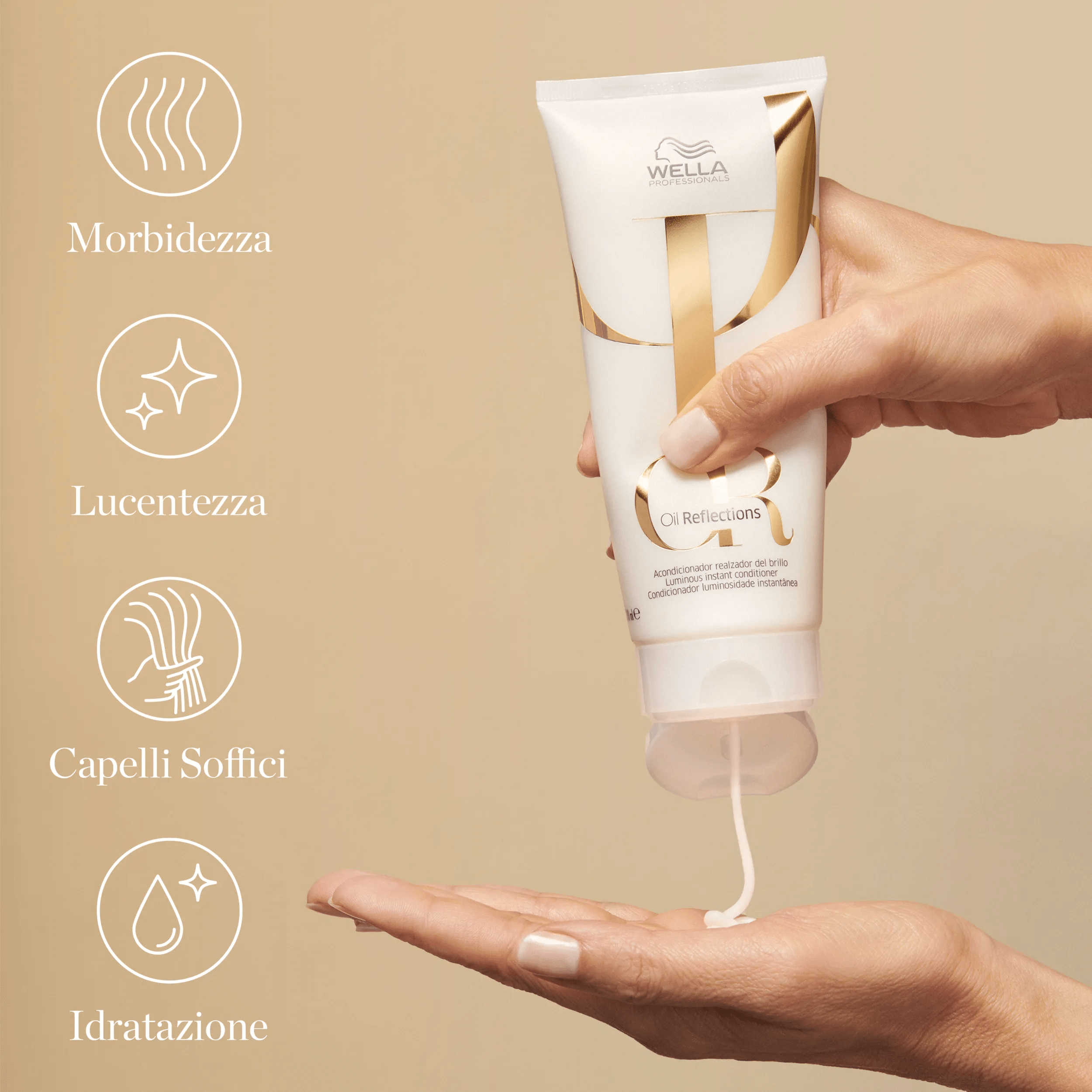 Packshot di Wella Professionals Oil Reflections Luminos Instant Conditioner. Il testo afferma: Scorrevolezza, splendore, capelli soffici e disciplinati.