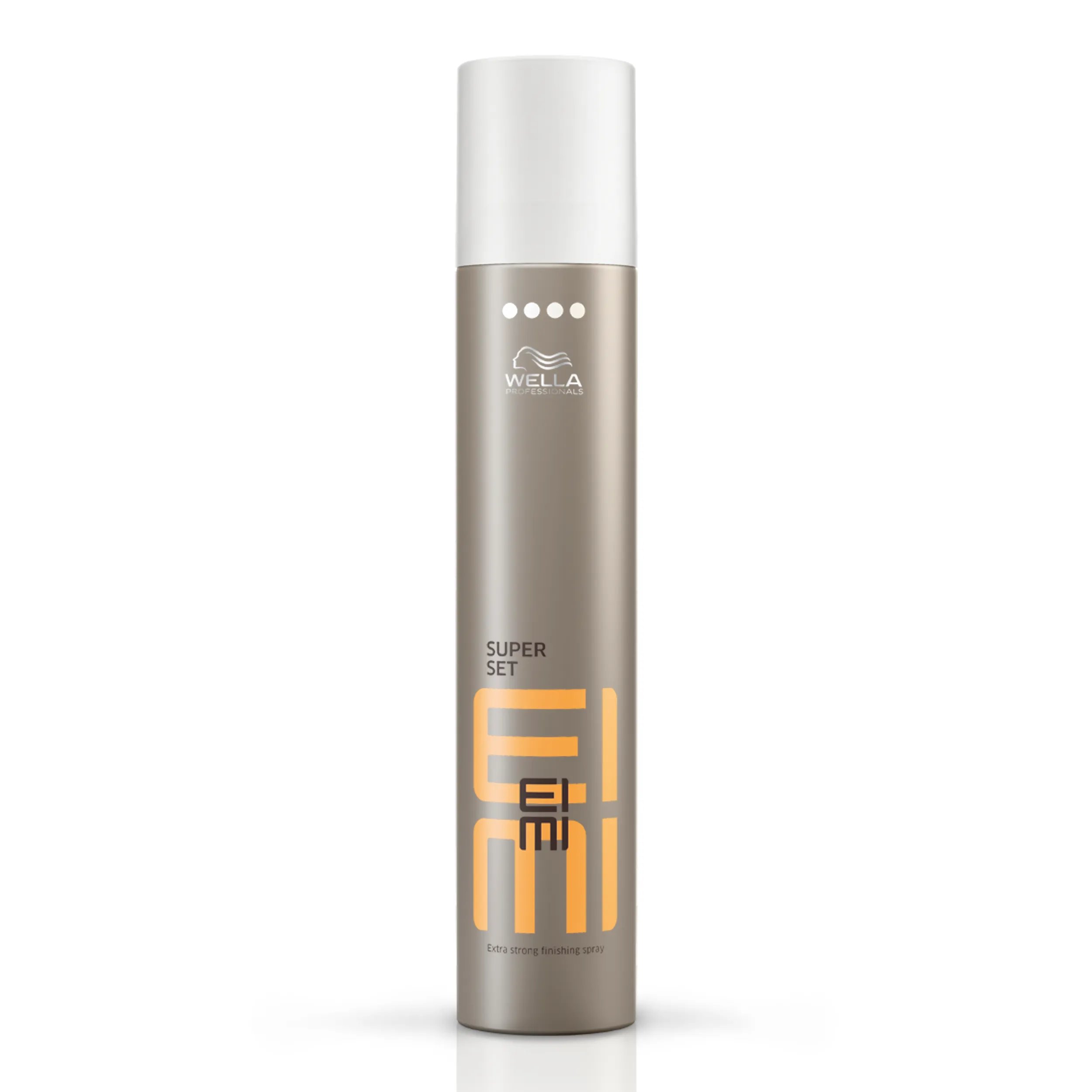 Wella EIMI Super Set Finishing Spray packshot - a silver bottle with a white lid and orange EIMI logo.