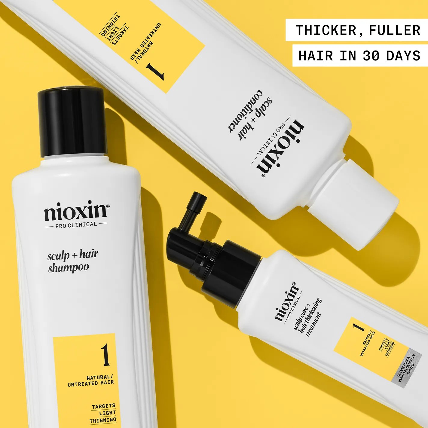Nioxin System Kit 1 products laid down on yellow background