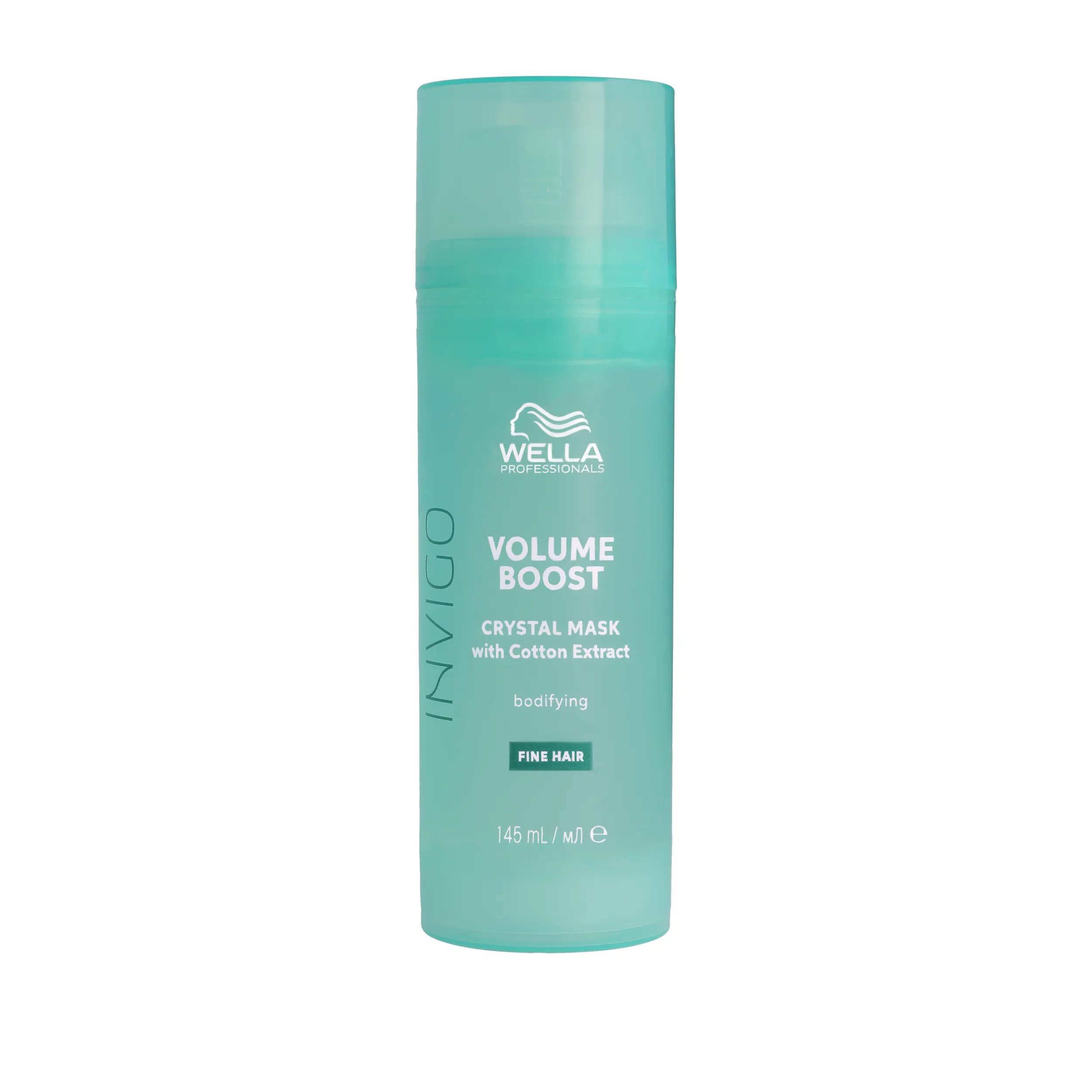 Bild einer blaugrünen Flasche „Invigo Volume Boost Crystal Mask“ von Wella Professionals.