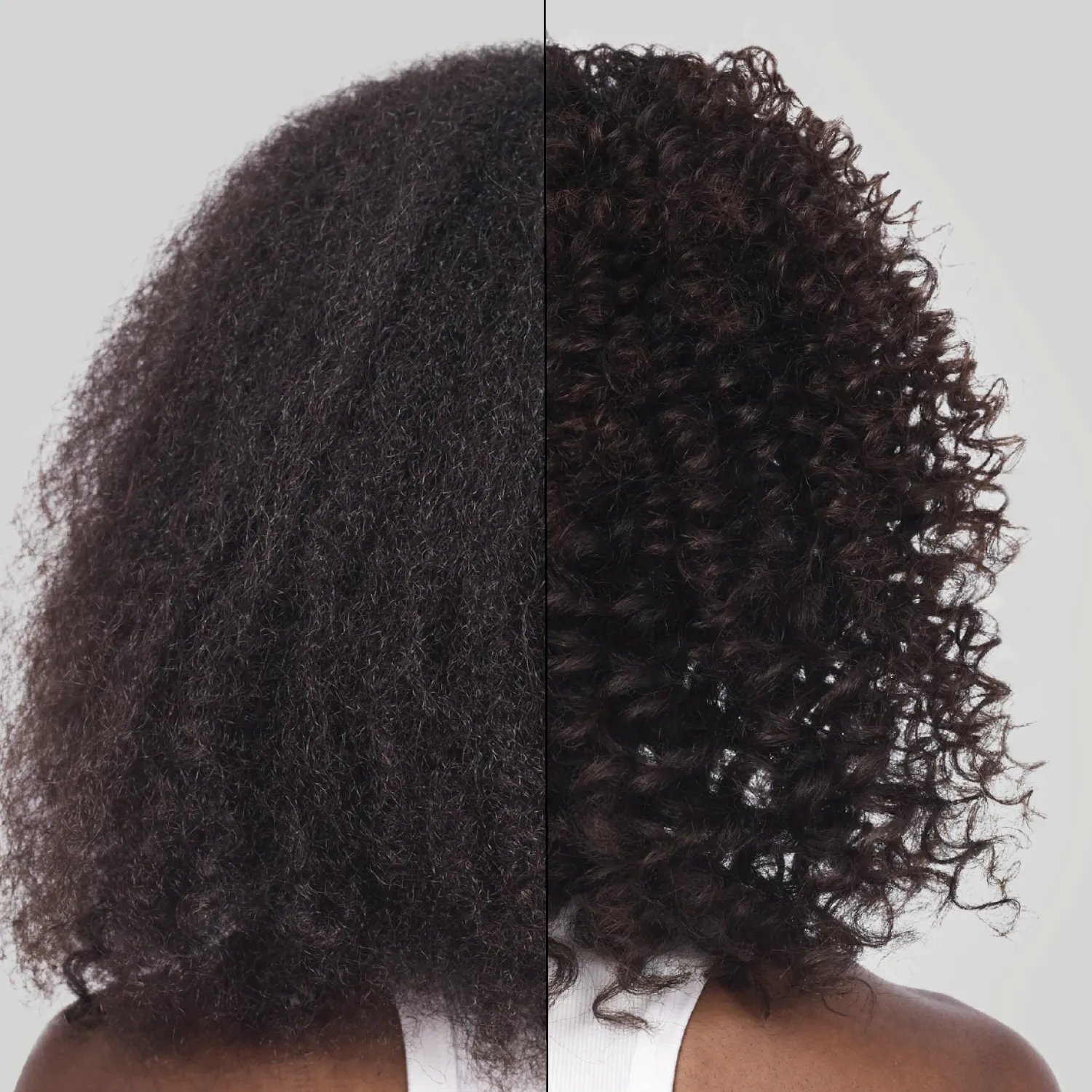 Before and after collage showing dark, curly hair looking more hydrated after using ULTIMATE REPAIR.