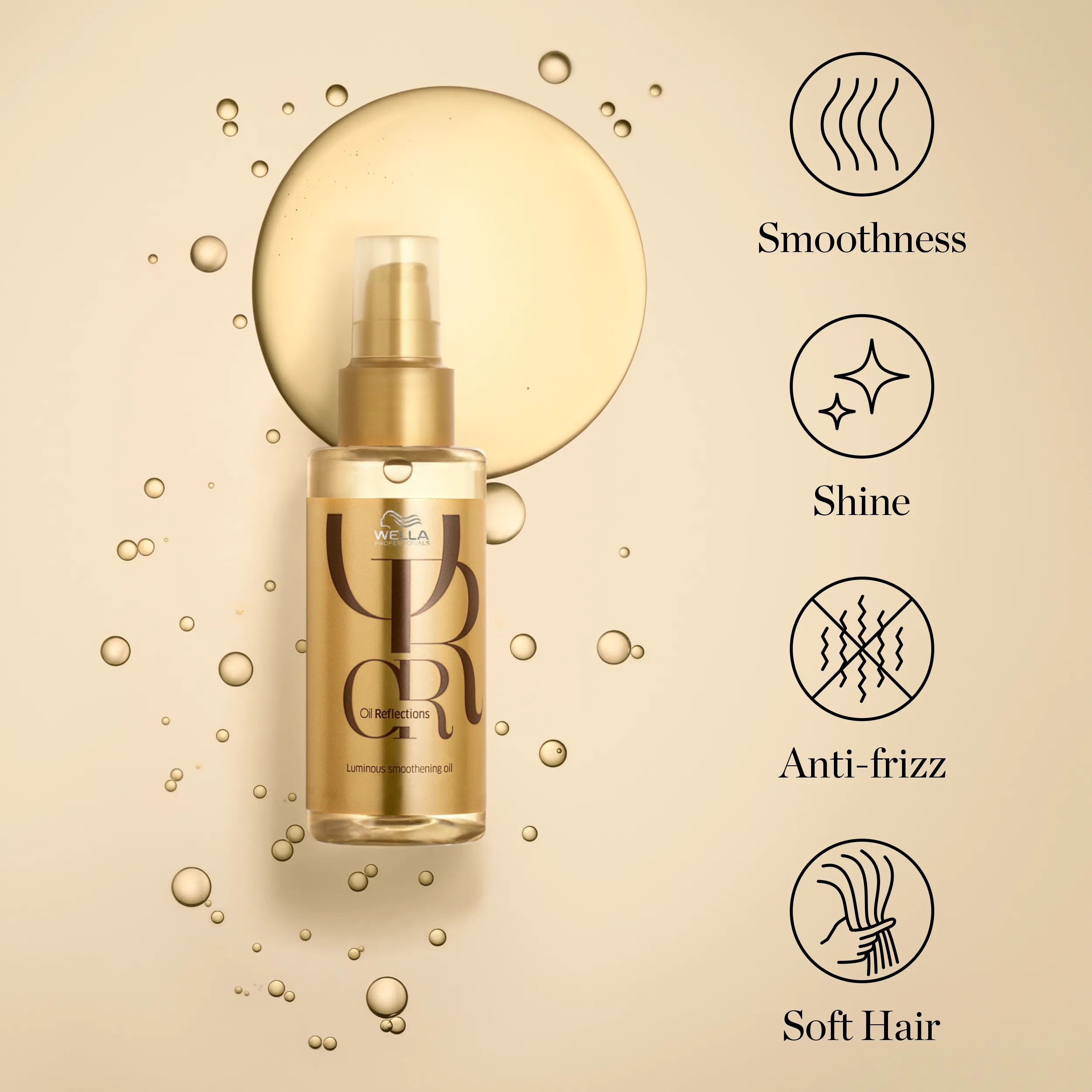 Packshot de Wella Professionals Oil Reflections Light Luminous Reflective Oil. El texto dice: sedosidad, brillo, antiencrespamiento, cabello suave.