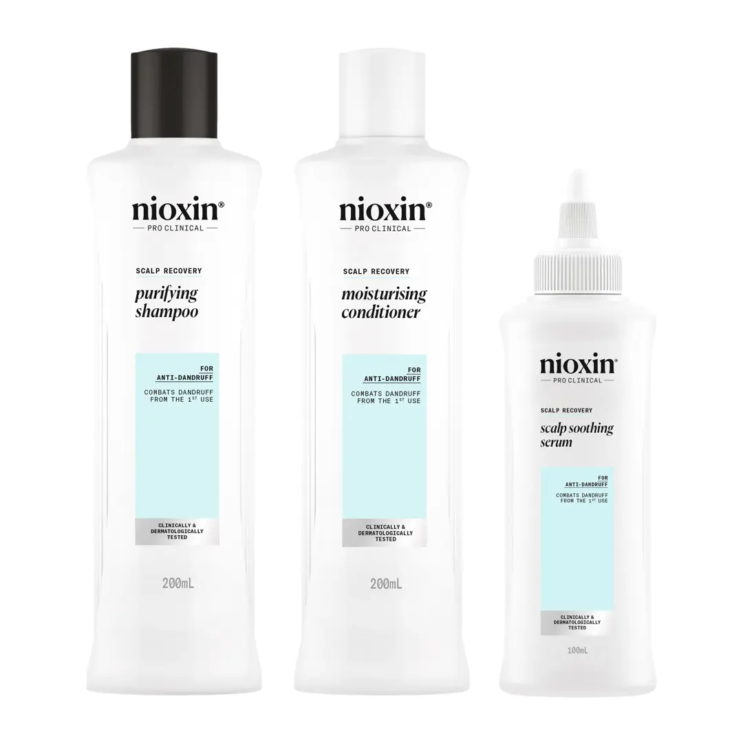 Prodotti del Kit Scalp Recovery di Nioxin allineati su sfondo bianco