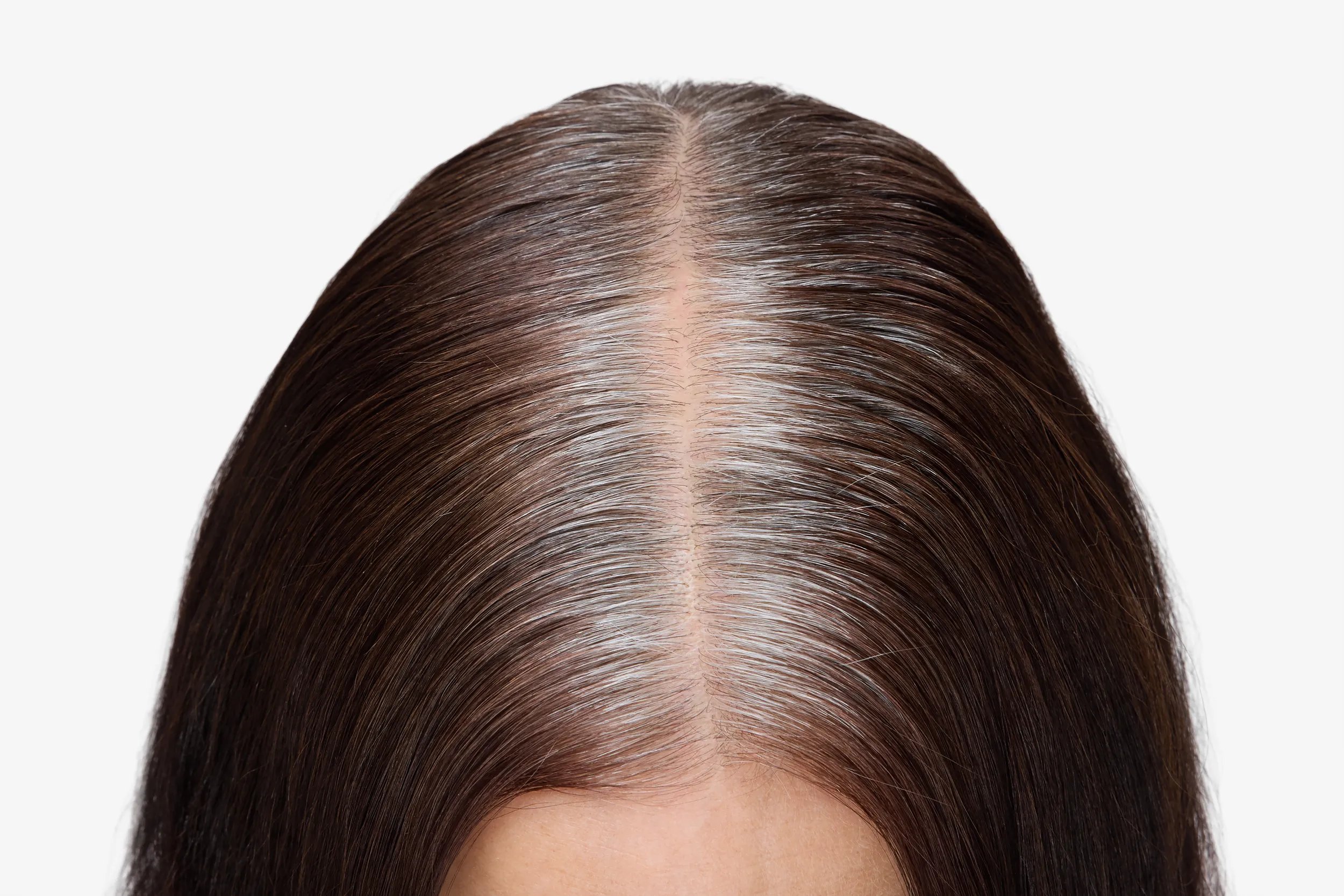 Close-up of model’s gray roots on dark brown hair.