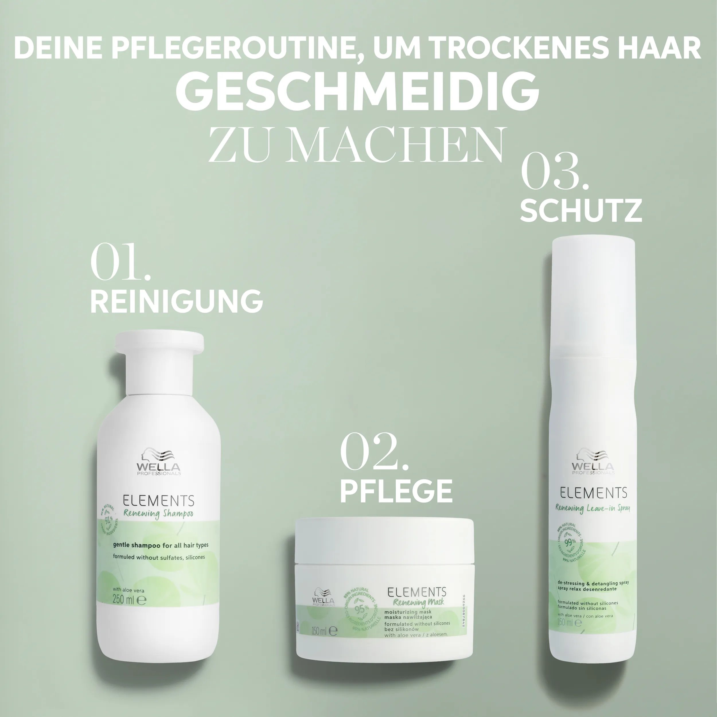 packshot of the routine including shampoo conditioner and leave-in spray . Text saying 'your routine to soften dry hair'
