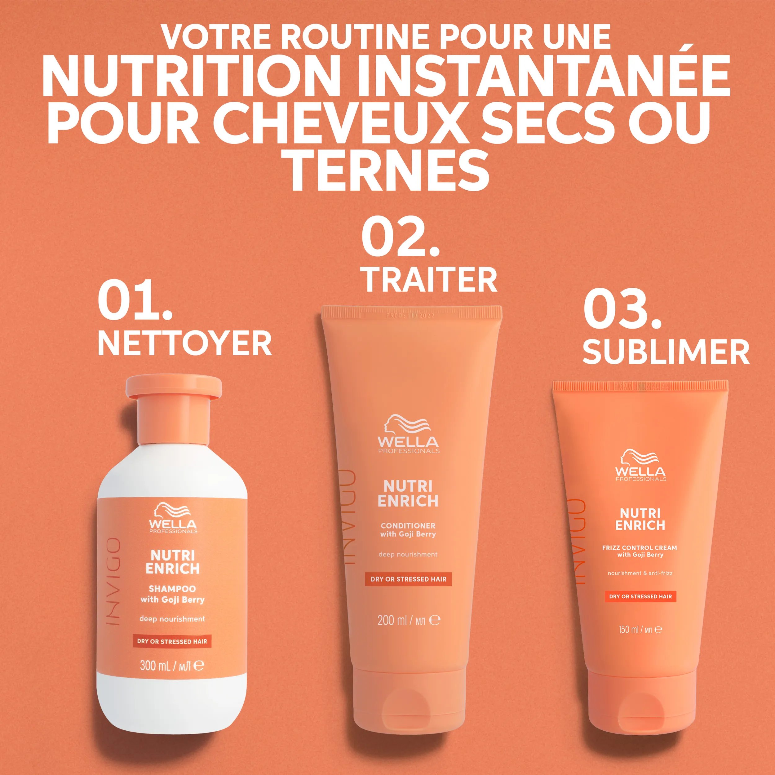 Texte disant "cheveux secs ou abîmés ? Trouvez la finition parfaite", avec deux photos de produits - l'une du baume assouplissant pour la douceur et la maniabilité, l'autre de la crème de contrôle des frisottis pour le lissage et le contrôle des boucles.
