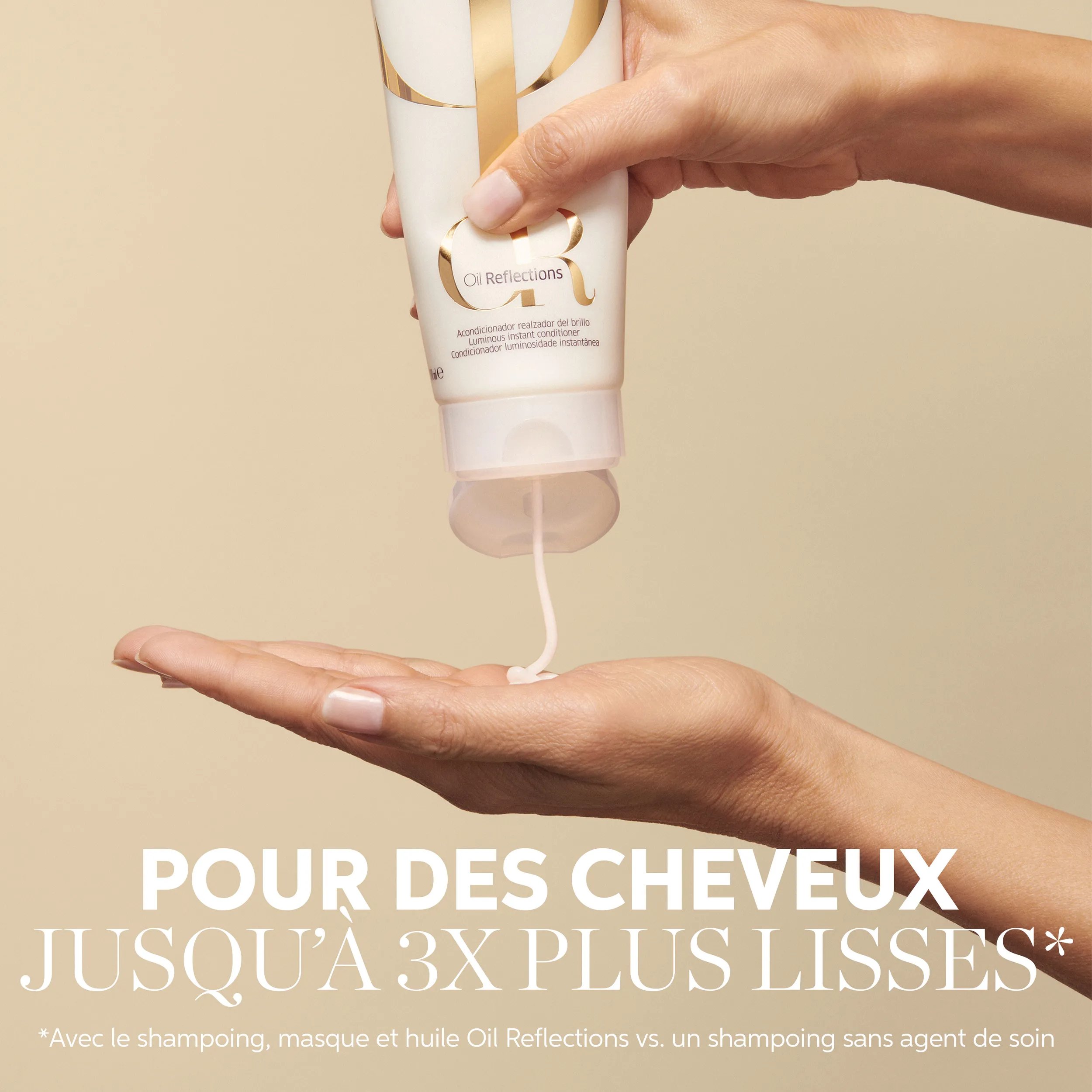 Packshot de l'après-shampoing instantané Oil Reflections Luminos de Wella Professionals. Le texte se lit comme suit : douceur, brillance, cheveux doux, revitalisation.