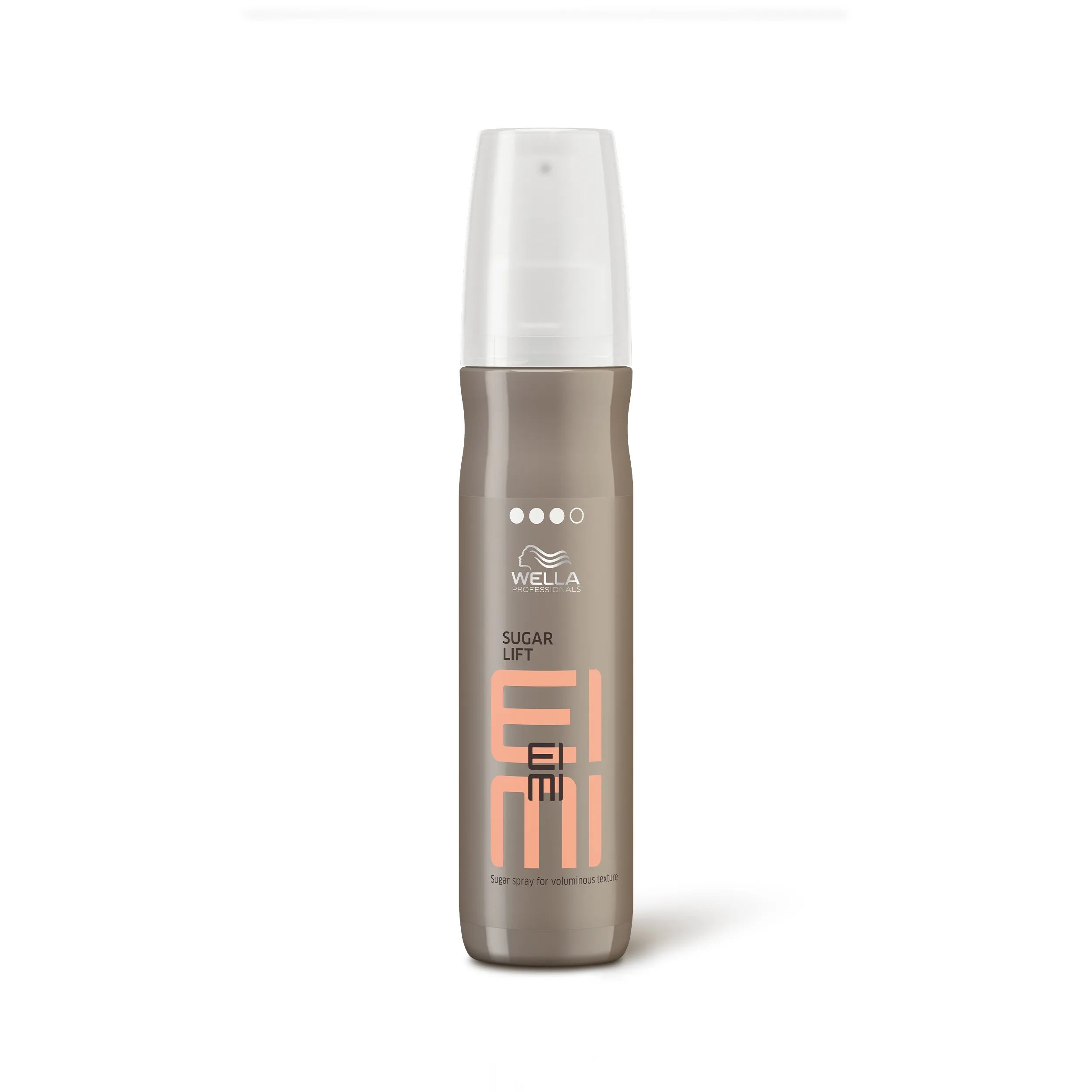 Wella EIMI Sugar Lift volumizing hairspray packshot - a pewter bottle with a white lid and pink EIMI logo.