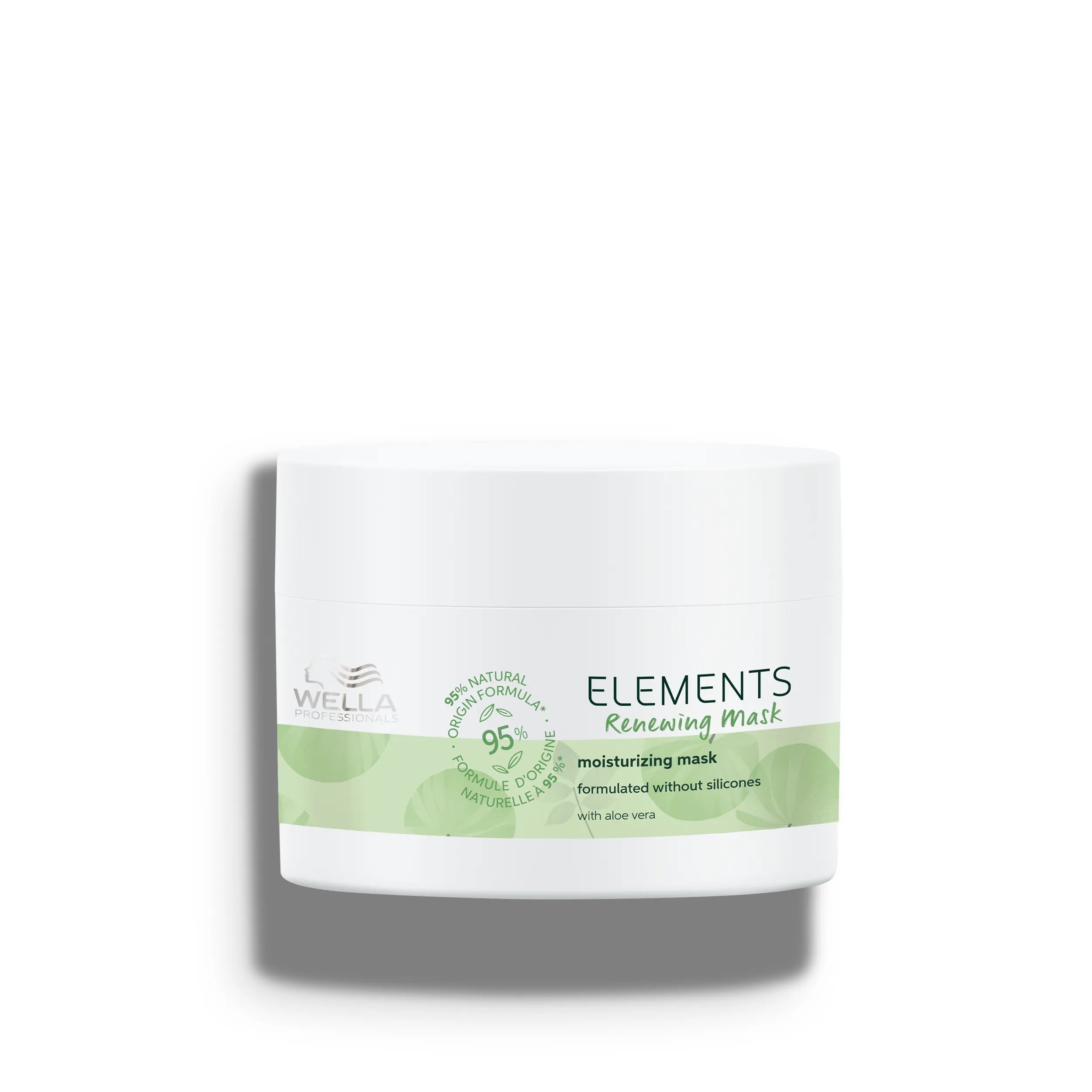 Packshot of Wella Professionals Elements Renewing Mask - a white tub with green font and silver Wella logo.