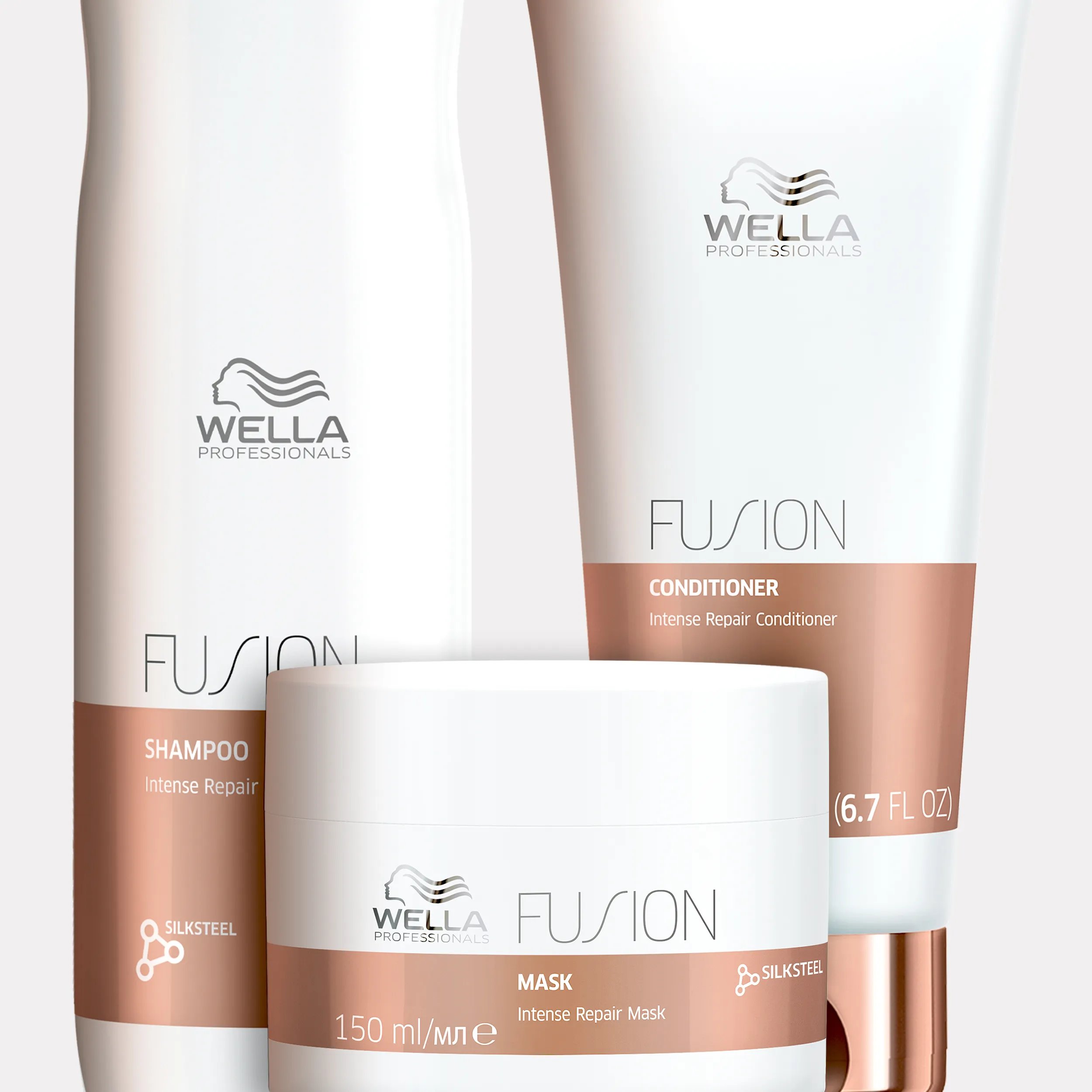 Wella Fusion Intense Repair shampoo, conditioner, and mask product shot.