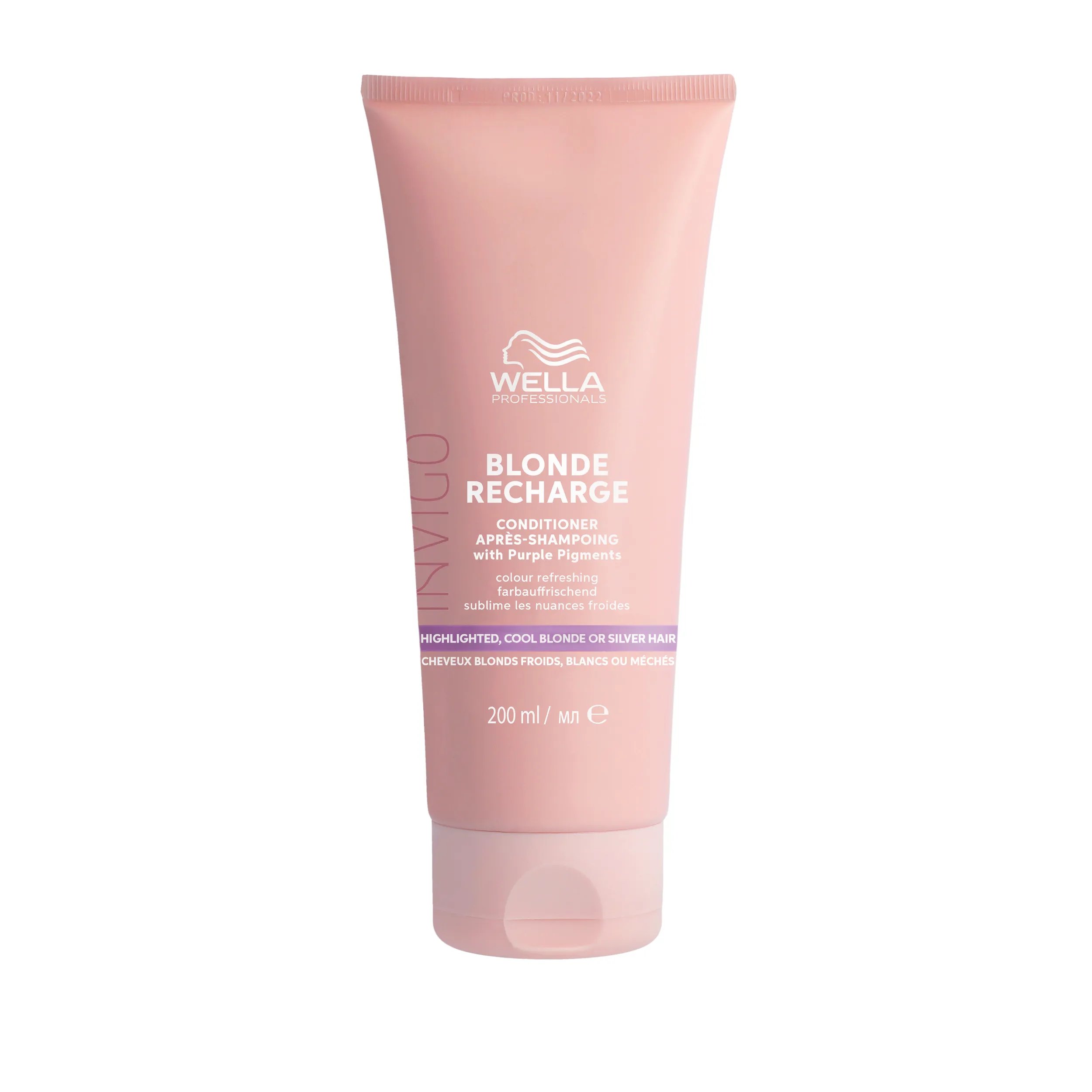 Packshot of invigo blonde recharge Conditioner, white background pick bottle with white text.