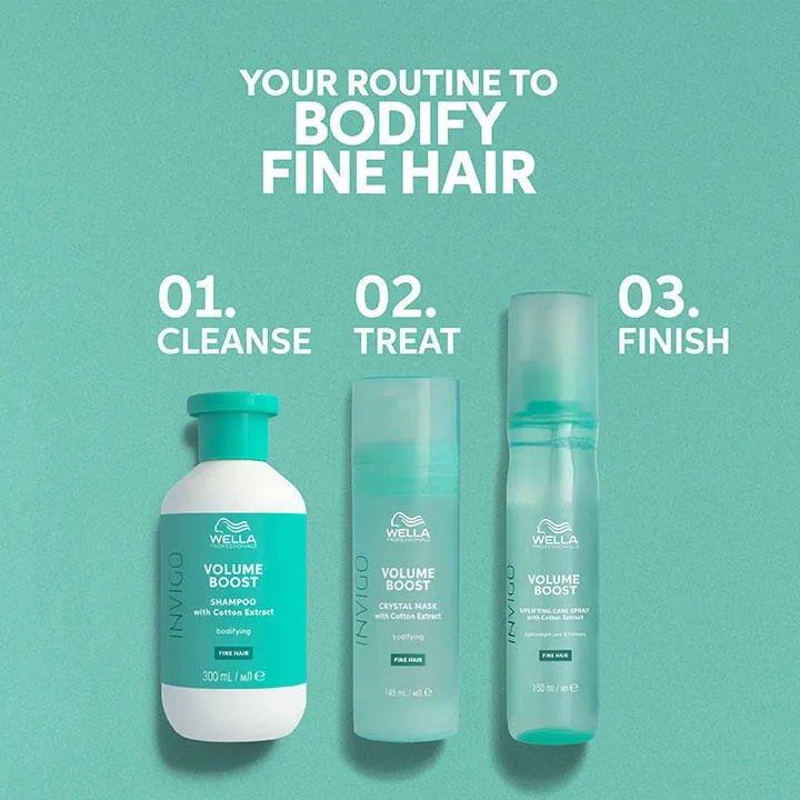 Product shot of the Wella Professionals Invigo Volume Boost line, including the shampoo and care spray, against a light turquoise background