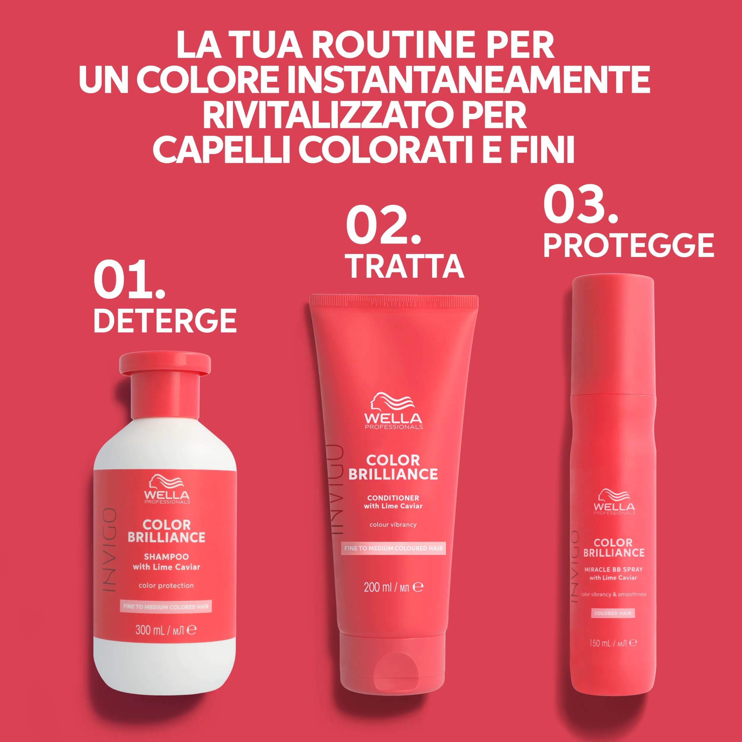 Text saying 'Your routine to instant color vibrancy fine to medium colored hair'. Packshots of the 3 Invigo Brilliance products are included in 3 steps: step 1 - cleanse with Invigo Brilliance shampoo. Step 2 - condition with the conditioner. Step 3 - protect with the leave in treatment.