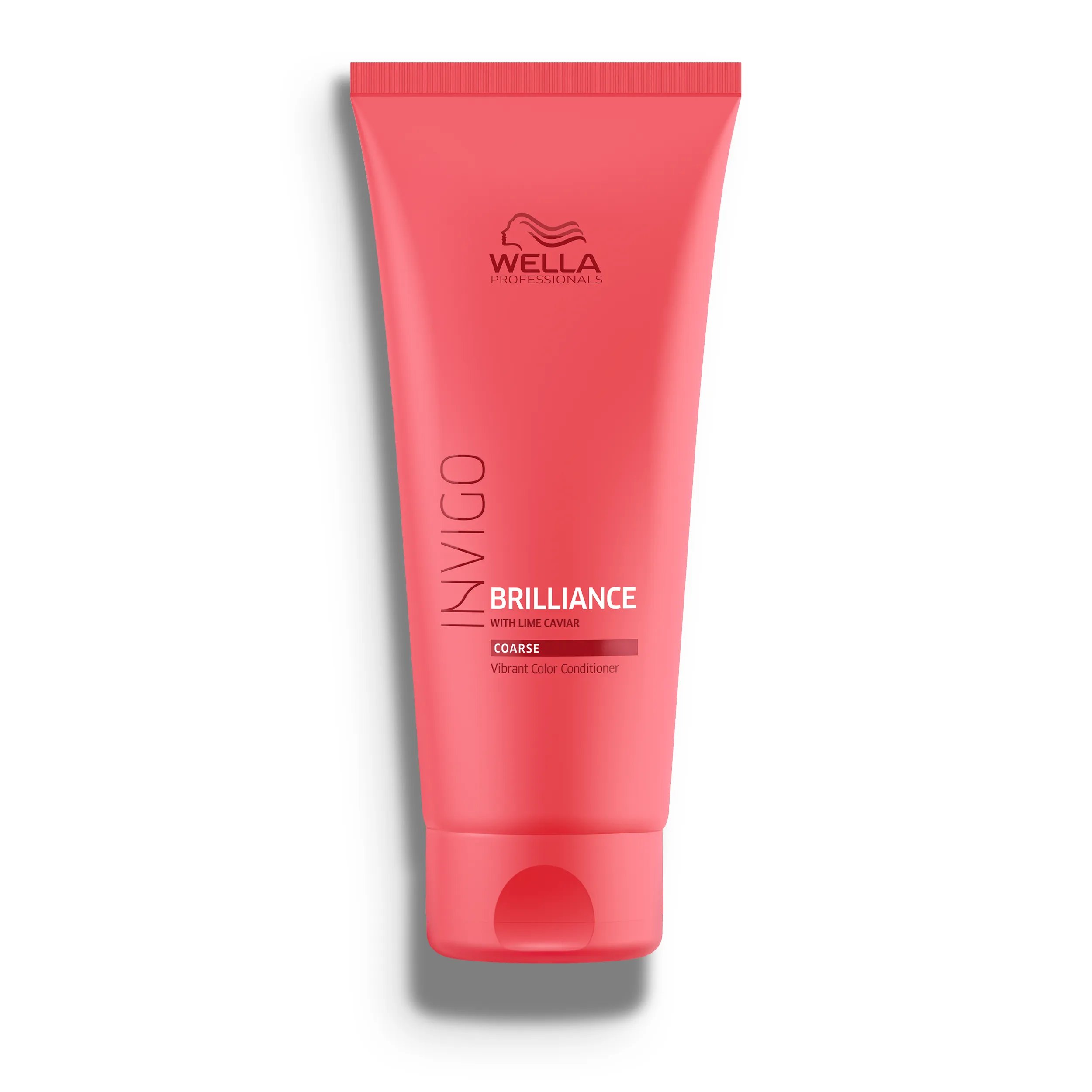 Packshot of Wella Professionals Invigo Brilliance Vibrant Color Conditioner for coarse hair - a red bottle with white font and a darker red Wella logo.