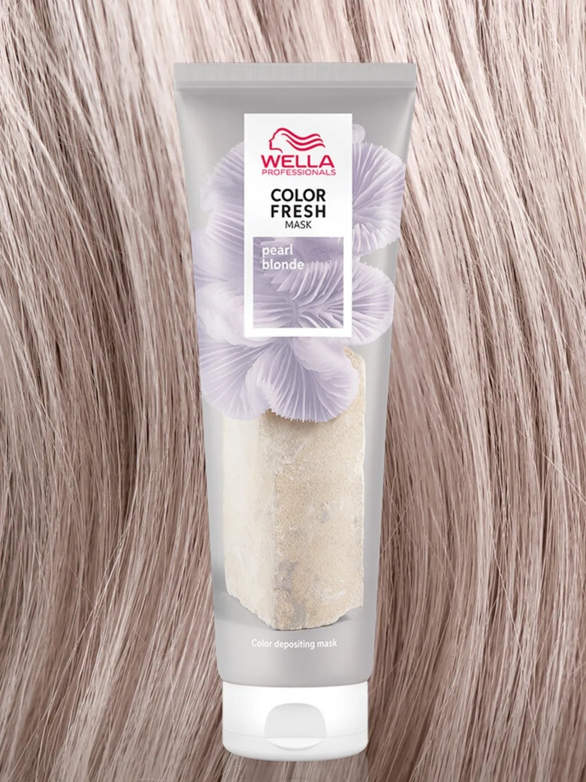 Tube of Color Fresh Mask in Pearl Blonde against model’s cool, white blonde hair.
