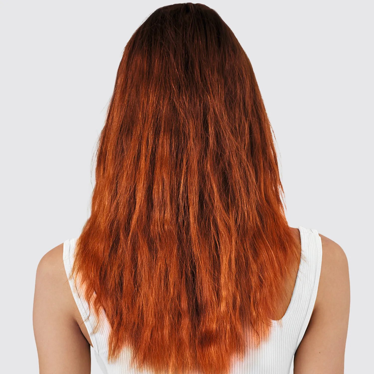 A female model with frizzy long hair. The color is darker red at the top graduating down to bright red ends, photographed from behind.