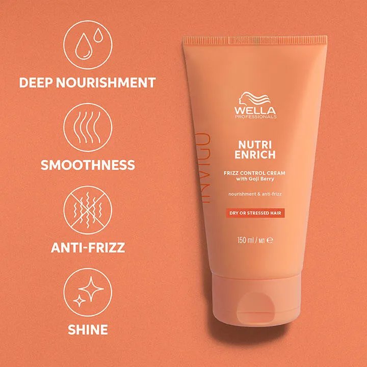 Photograph Invigo Nutri-Enrich Frizz Control Cream, beside text which says 'deep nourishment, smoothness, anti-frizz & shine'.