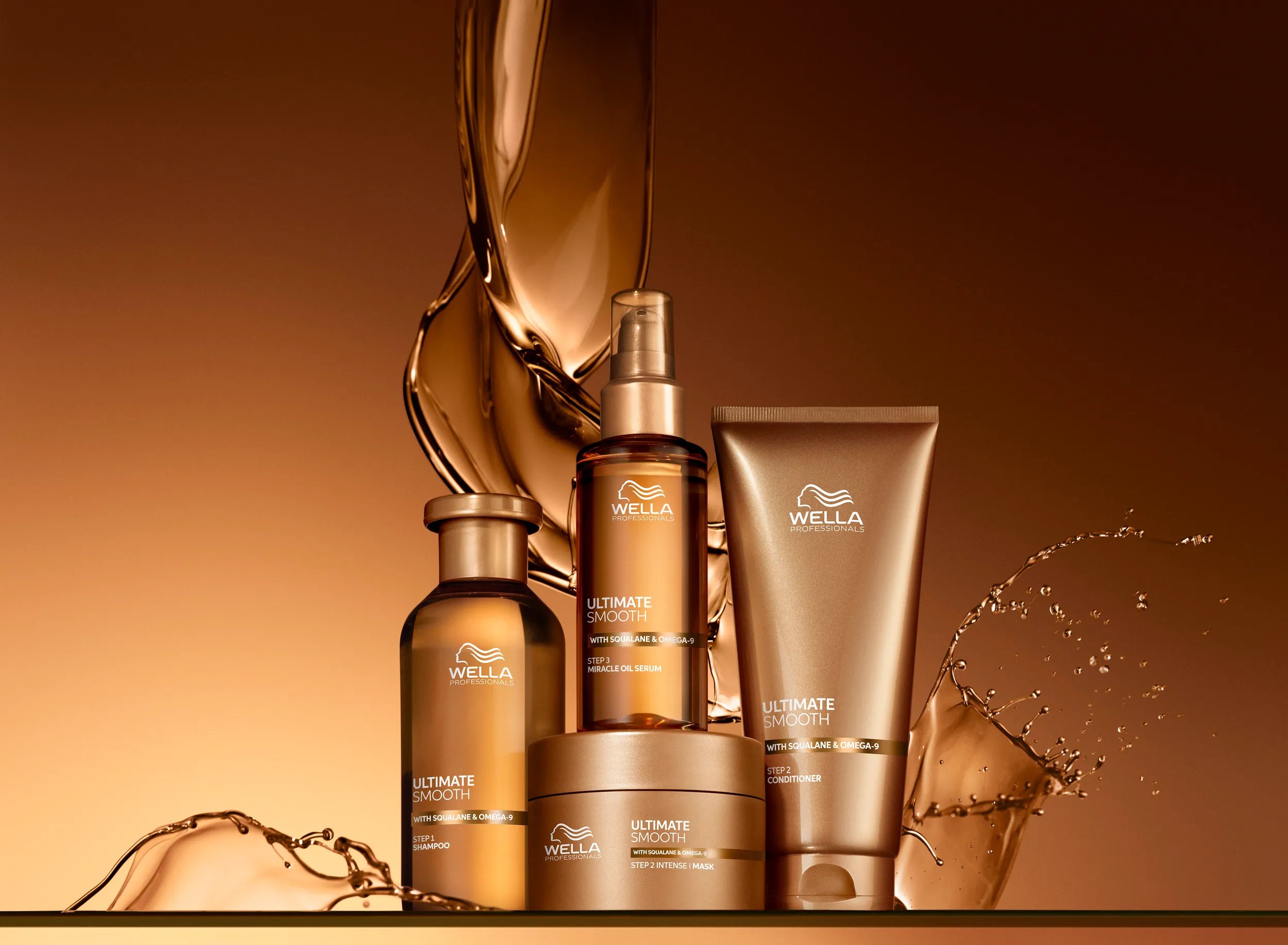 ULTIMATE SMOOTH Shampoo, Mask, Miracle Oil Serum and Conditioner on a golden background.