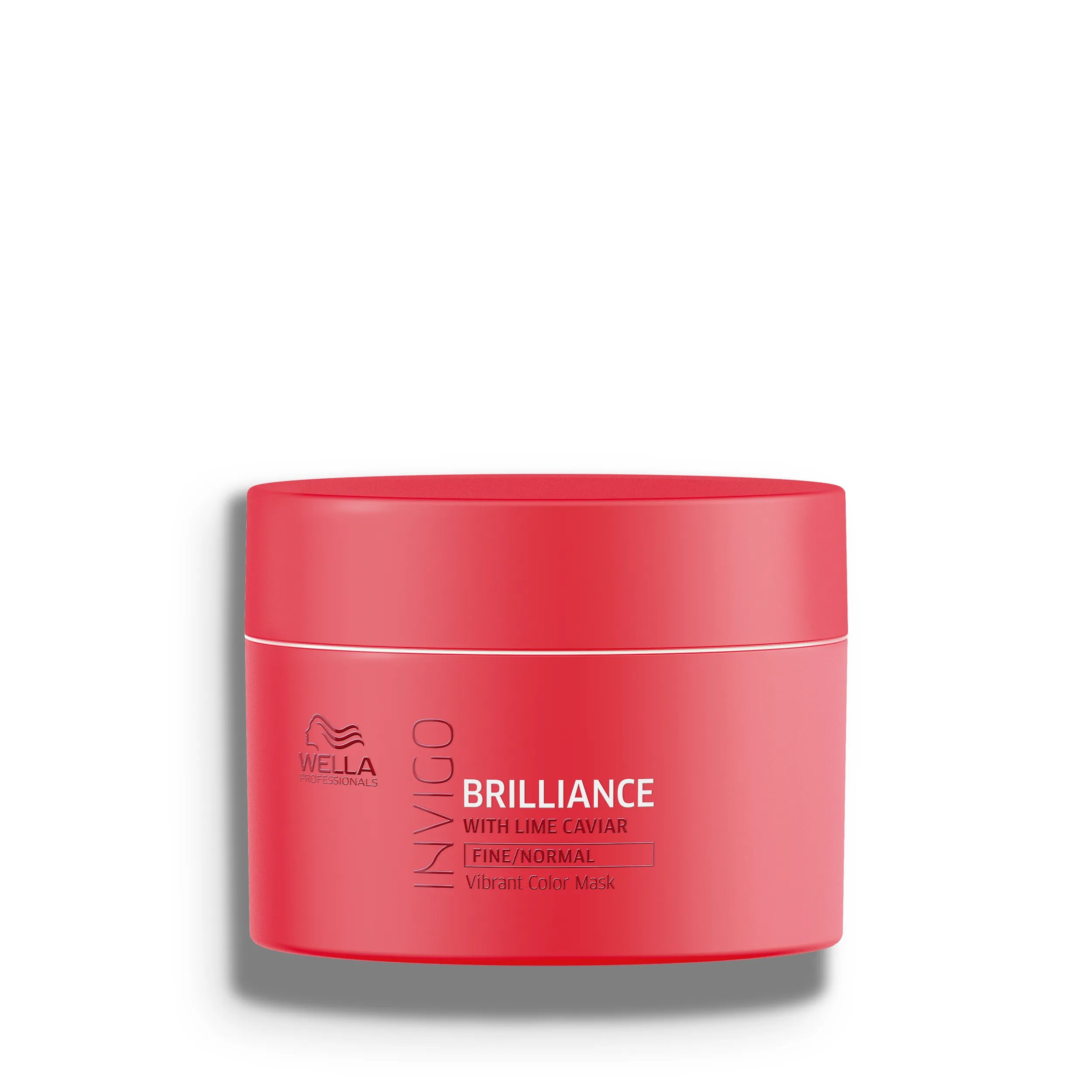 Packshot of Wella Professionals Invigo Brilliance Vibrant Color Mask for fine/normal hair - a red tub with white font and a darker red Wella logo.